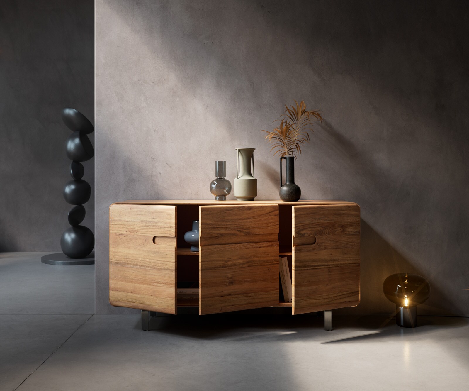 Dressoir Anaya 145 cm natuur acacia 3 deuren L-onderstel roestvrij staal 4