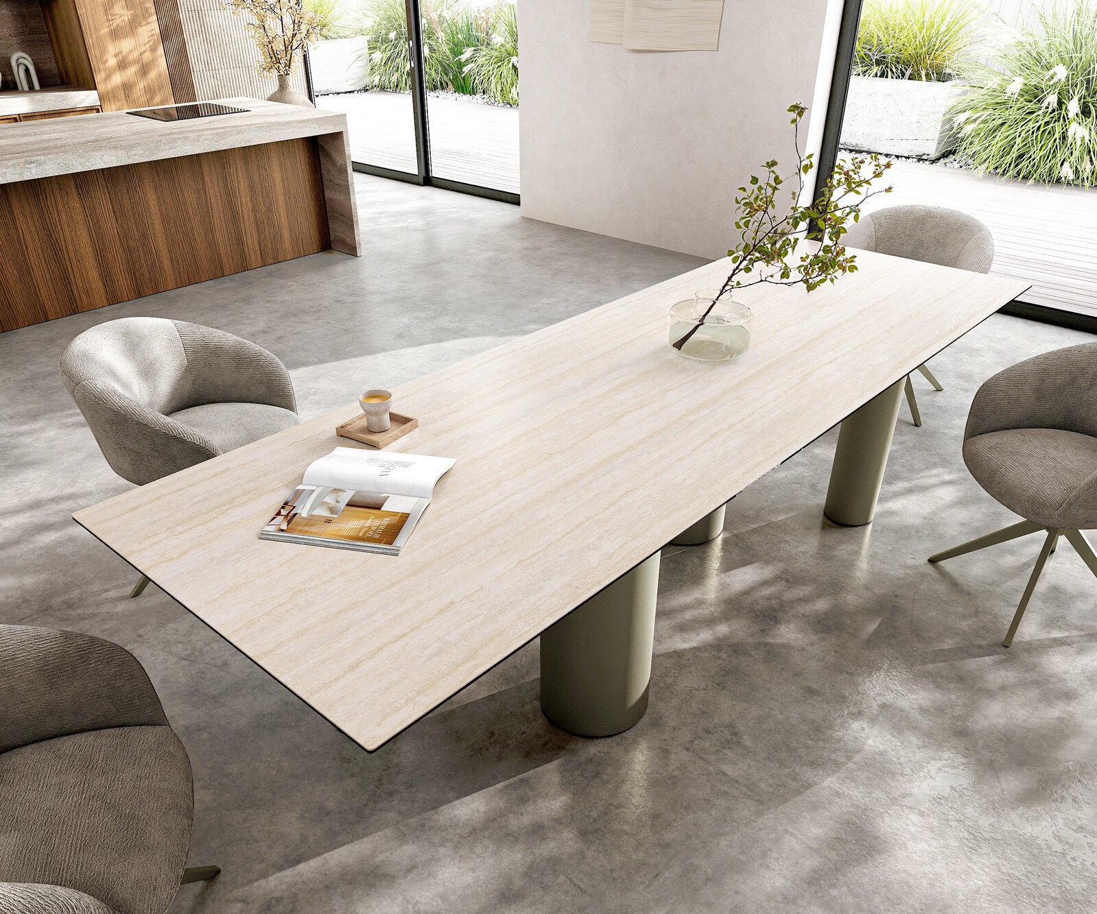 Eettafel Edge 300x100 keramiek  Laminam® Travertino Bianco Creme-wit Pilier metaal effectafwerking Titan 3
