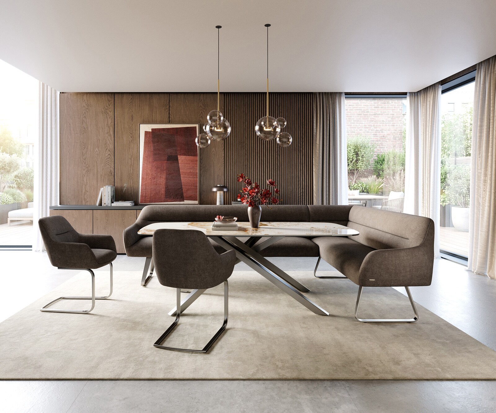 Eetkamerbank Taya-Flex 285x190 cm zachte stof met structuur taupe platte sledebasis roestvrij staal pocketvering links 2