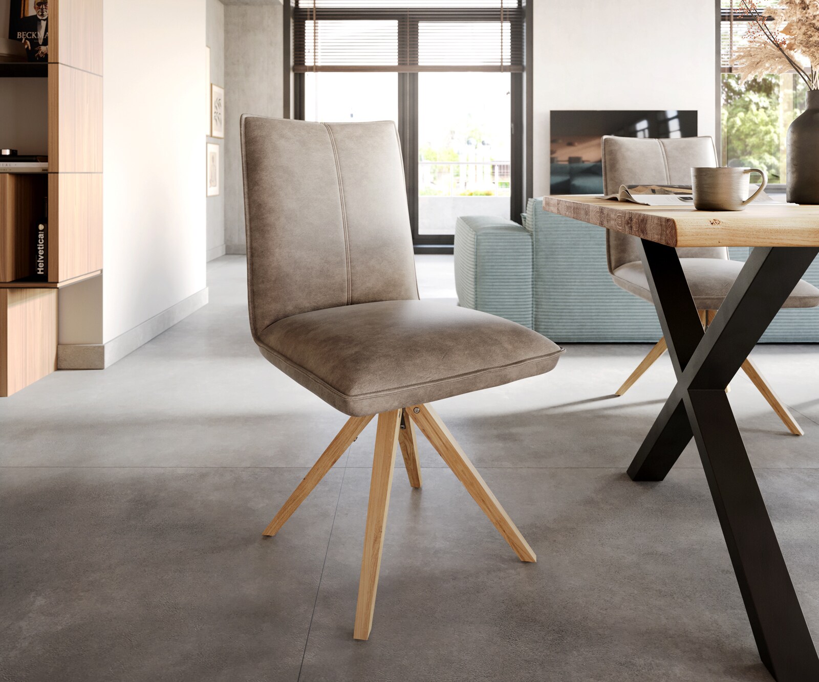 Eetkamerstoel Lelio-Flex microvelours taupe vintage houten frame hoekig natuur 360° draaibaar pocketveer kern 1