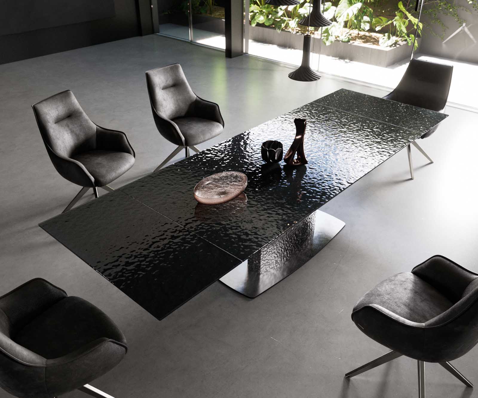 Eetkamertafel Edge 200-300x100 Glas smelten rokerig zwart 3D-Relief Wave RVS uitschuifbaar 4