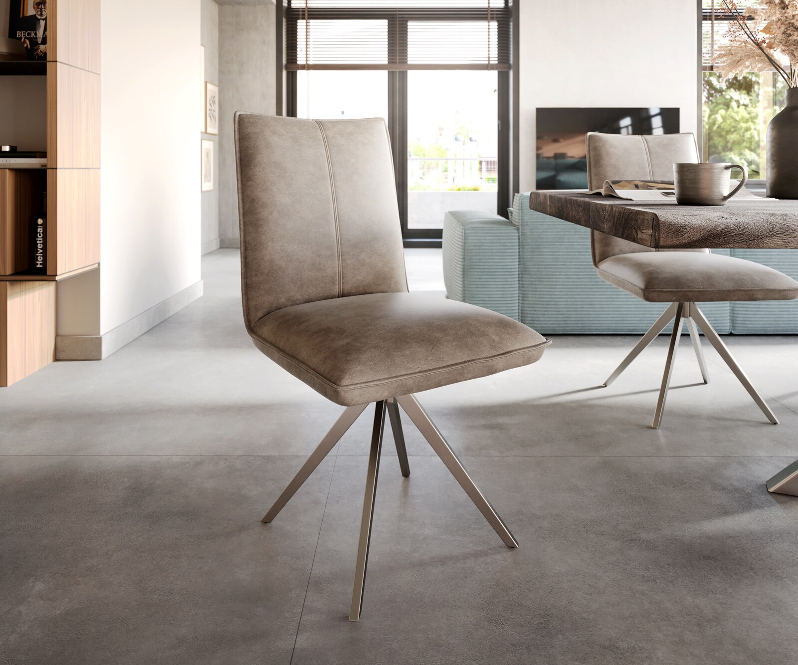 Eetkamerstoel Lelio-Flex microvelours taupe vintage kruisframe breed roestvrij staal pocketveer kern