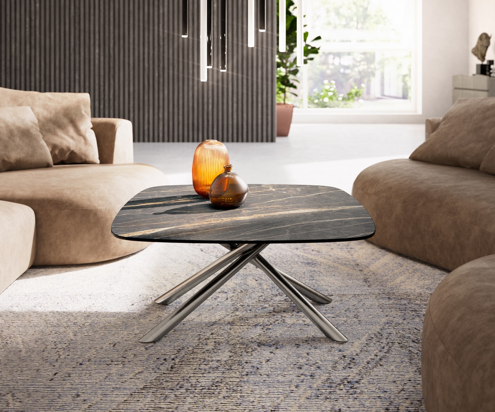 Salontafel Edge Boot 90x90 cm keramiek Laminam® Noir Desir bruin Sarity geborsteld roestvrij staal 2