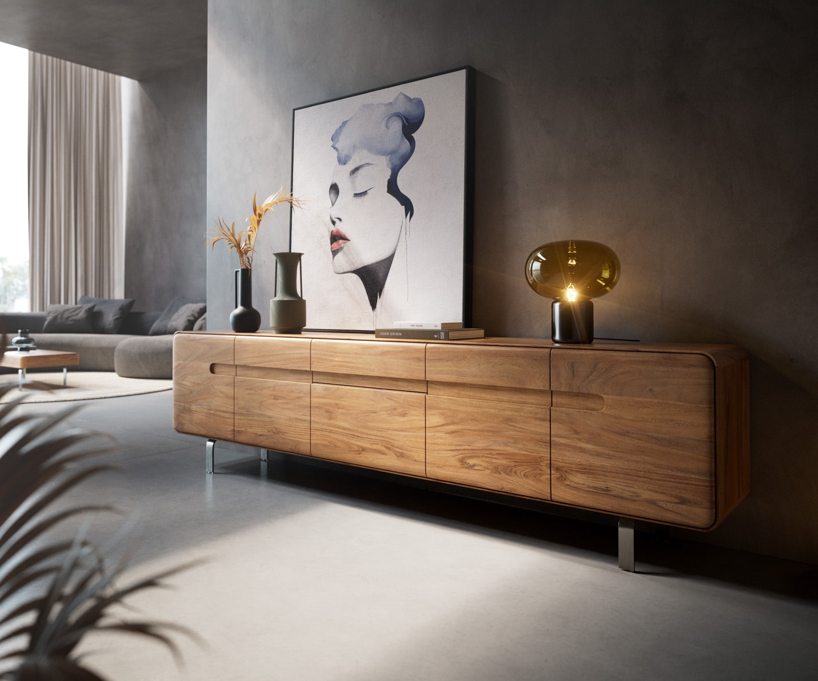 Tv-meubel Anaya 220 cm natuur acacia 4 deuren 2 laden L-onderstel roestvrij staal 2