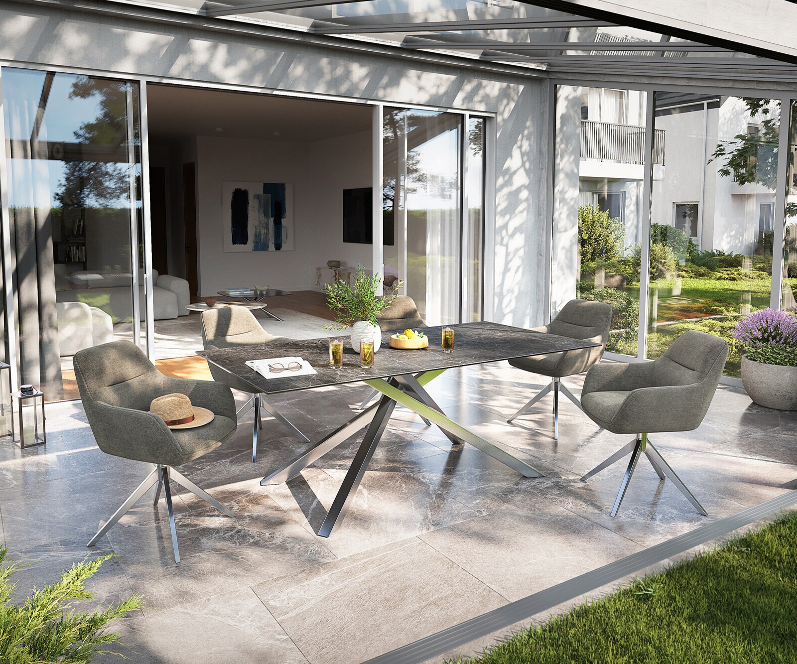 Outdoortafel Edge 200x100 cm keramiek Laminam® Nero Greco antraciet kruispoot rechthoekig roestvrij staal 6