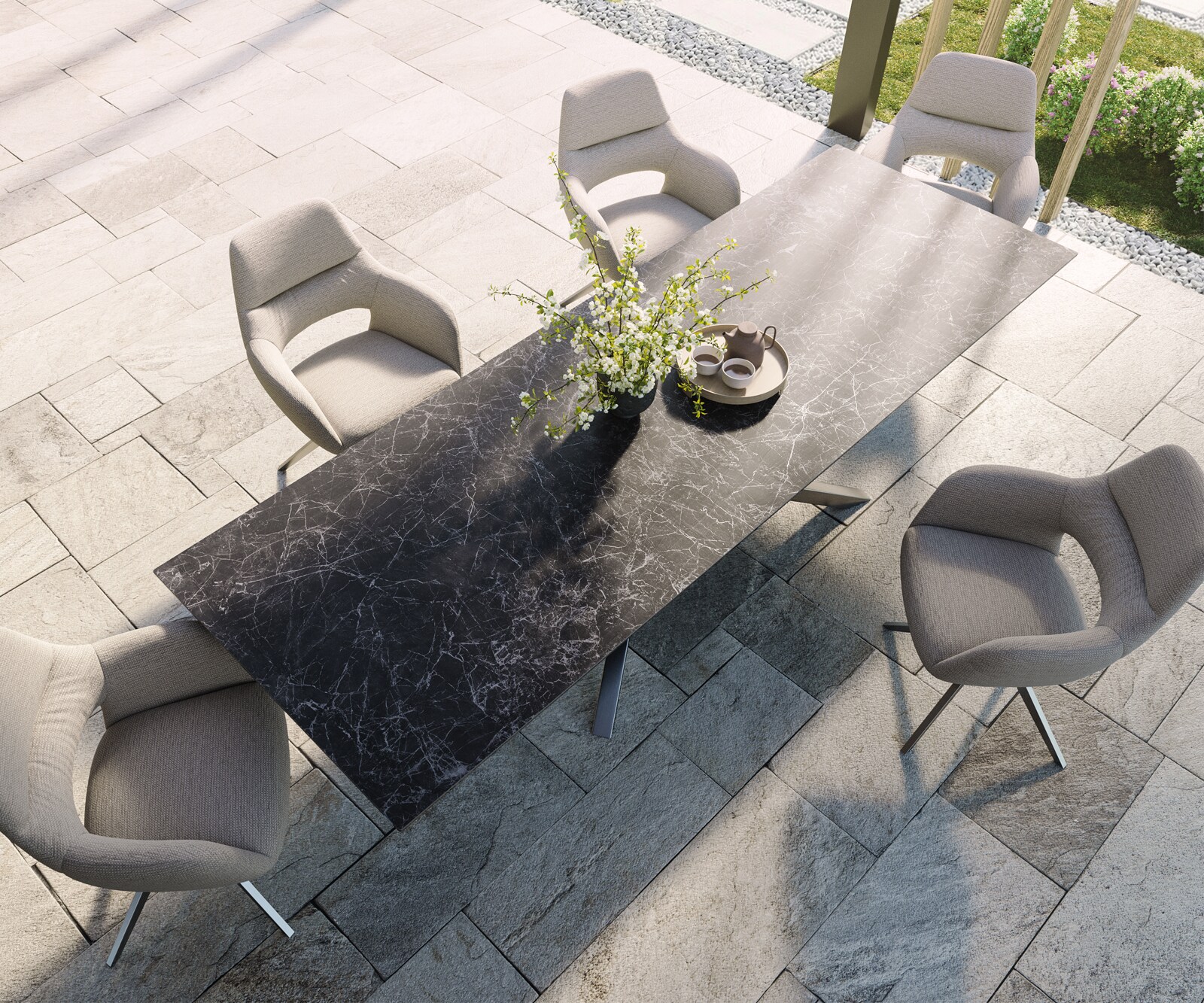 Outdoortafel Edge 300x100 cm keramiek Laminam® Nero Greco antraciet kruispoot rechthoekig roestvrij staal 4