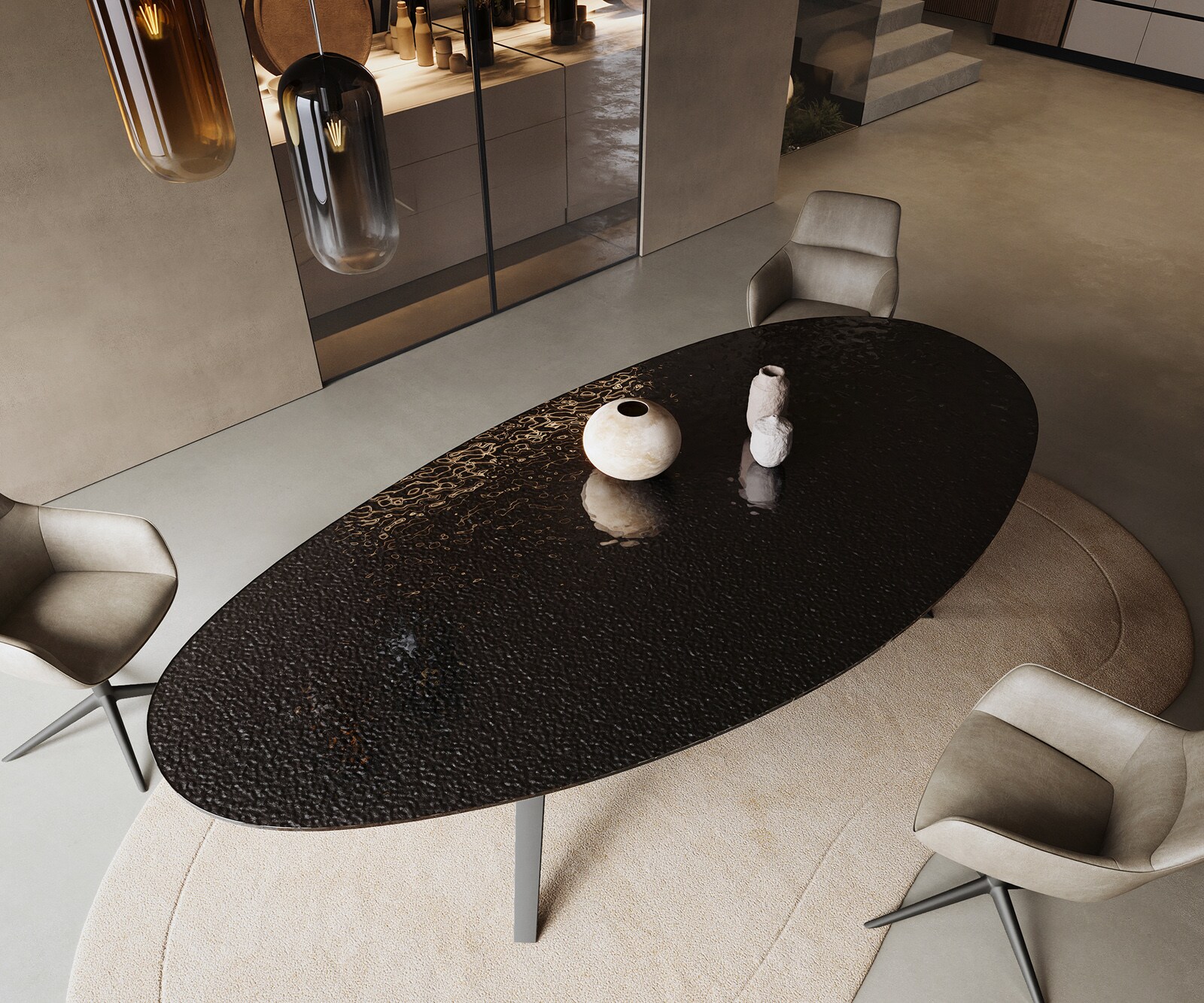 Eetkamertafel Edge ovaal 280x130 reliëfglas Rauchzwart 3D-Design Zenthara hoekig metaal zwart 3