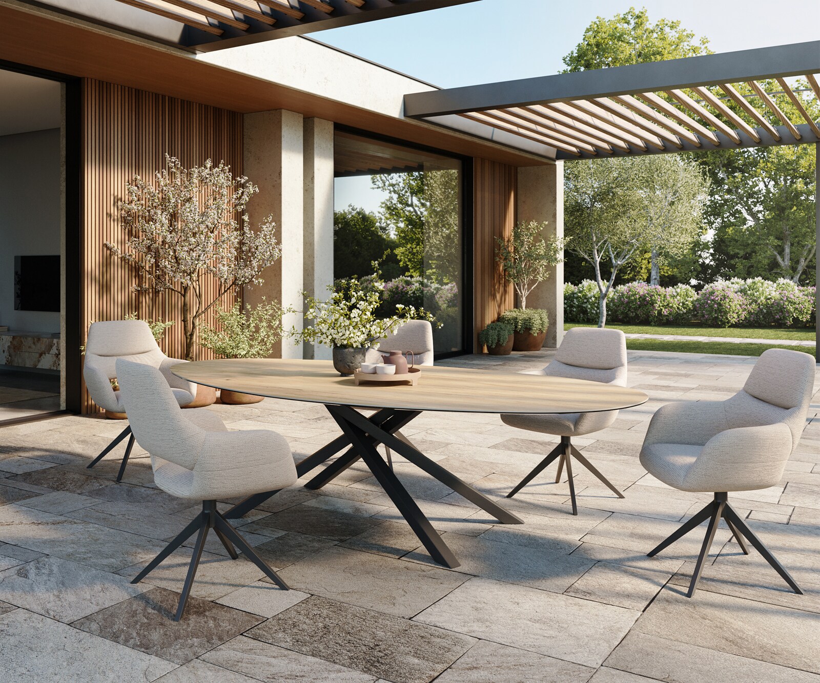 Outdoortafel Edge Ovaal 280x130 cm keramiek Laminam® Sabbia eikenkleurig kruispoot rechthoekig zwart 6