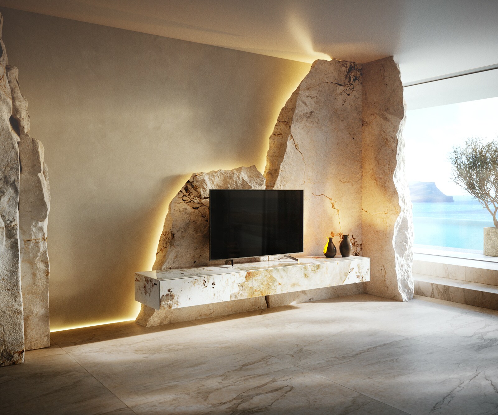 Tv-meubel Cuor 200 cm Keramiek Minas Melange Wit-beige 1 Flap 1 Lade Zwevend 1