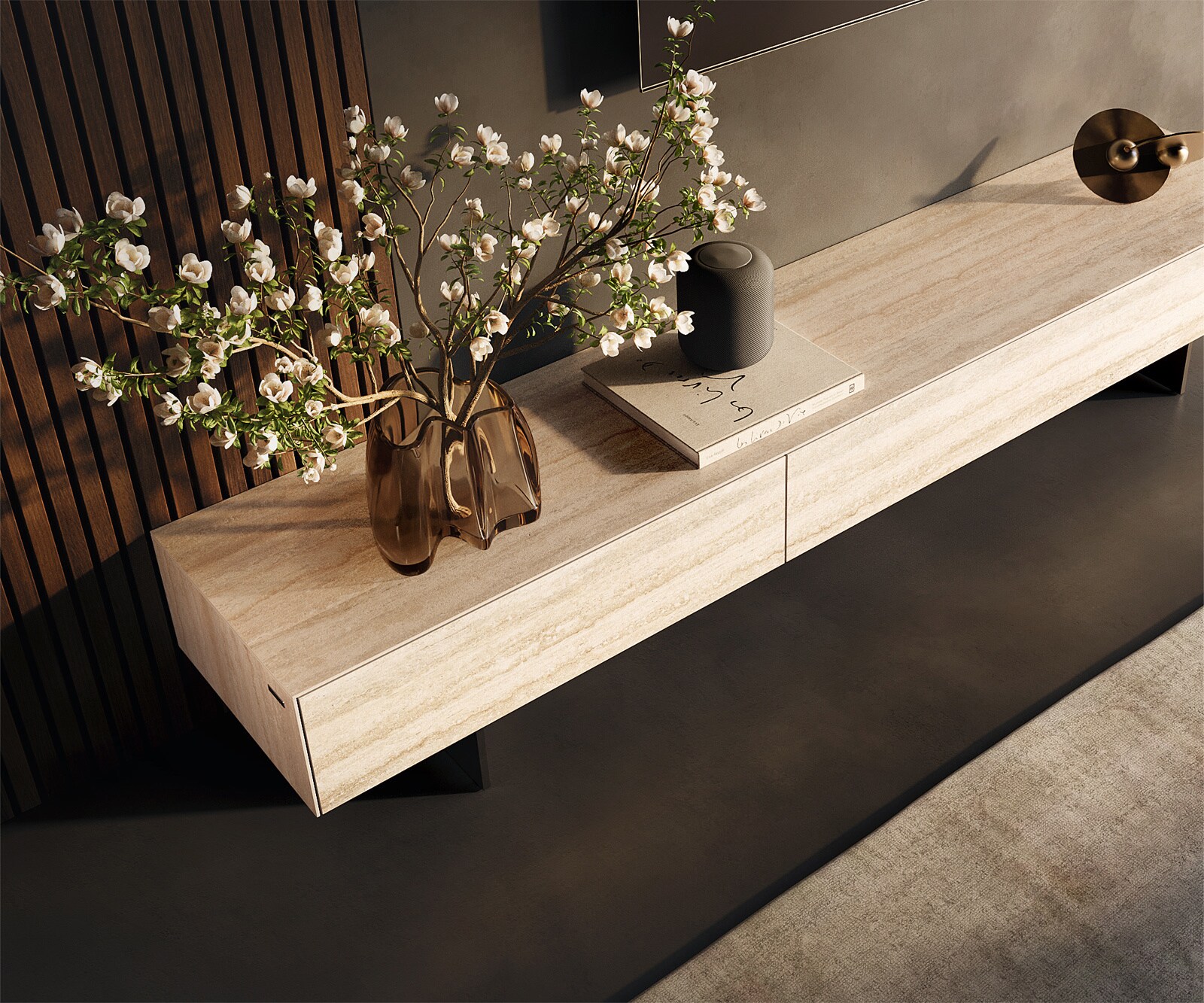 Tv-meubel Cuor 200 cm Keramiek Laminam® Travertino Bianco Crème-wit 1 Flap 1 Lade Zwevende voet look Metaal Zwart 3