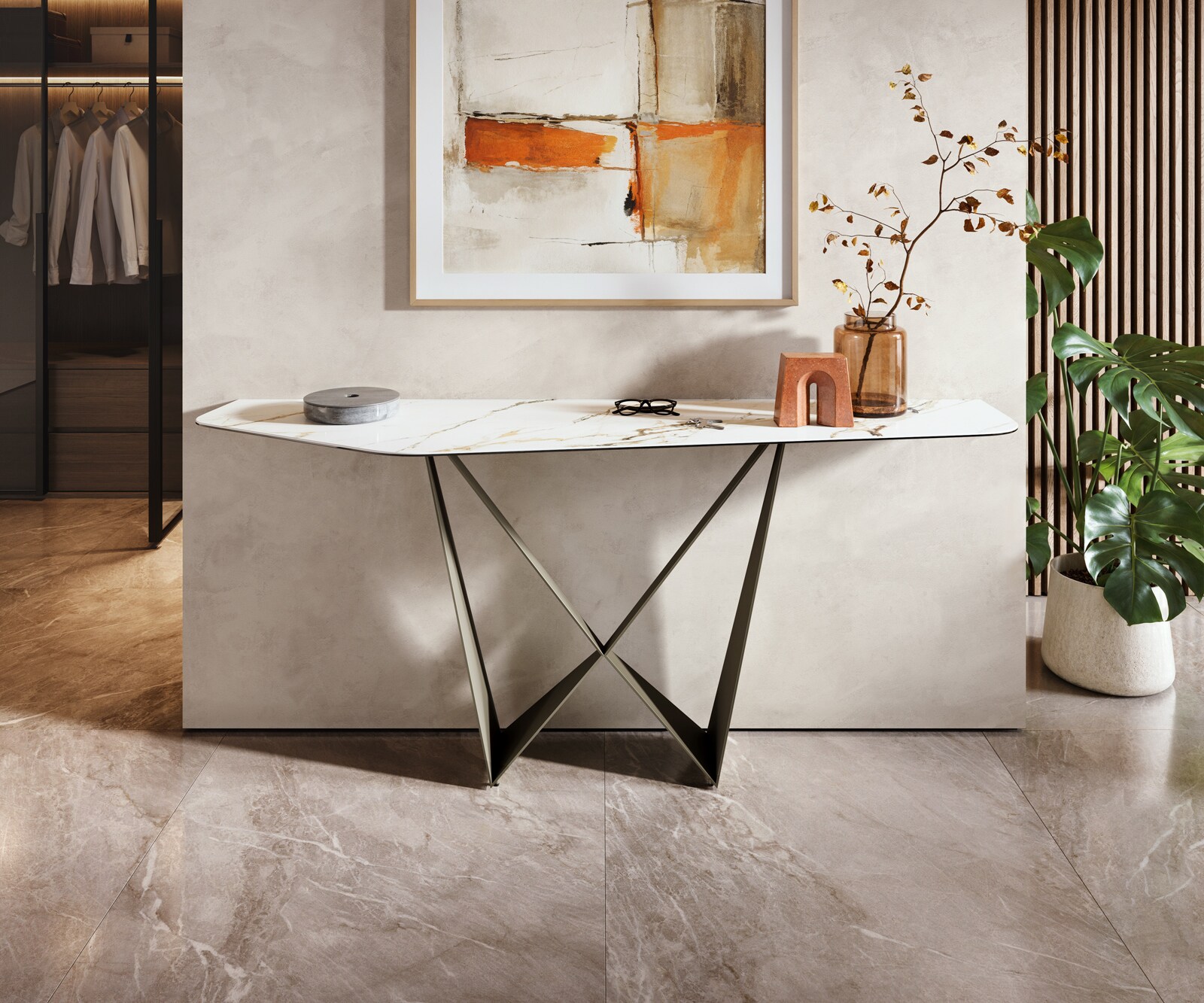 Consoletafel Edge Polygonaal 180x50 cm Keramiek Calacatta Luxe Weiß-Gold-Grijs Spios Metaal Effektfinish Titan 4