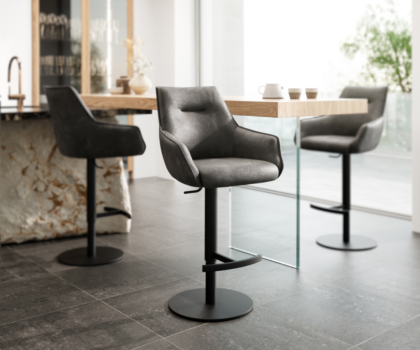 Barstoel Alja-Flex microvezel antraciet vintage draaivoet in hoogte verstelbaar metaal zwart draaibaar pocketvering Barstoel Alja-Flex microvezel antraciet vintage draaivoet in hoogte verstelbaar metaal zwart draaibaar pocketvering