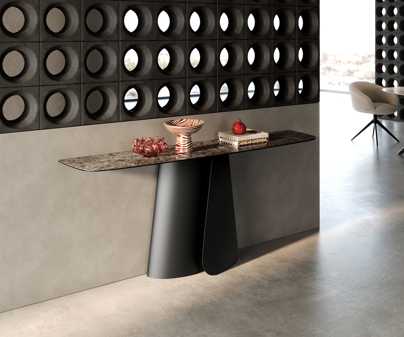 Consoletafel Edge Bootvorm 180x40 cm Keramiek Emperador Extra Lucidato Dunkelbraun Livos Metaal Zwart 1