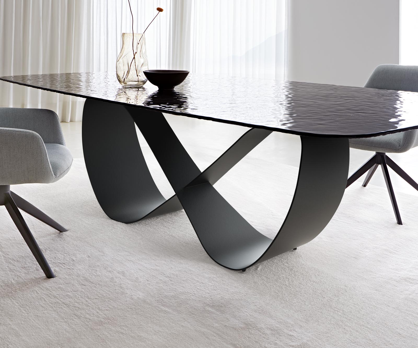 Eettafel Edge Boot 240x120 Reliëf glas Rook zwart 3D design Infinity metaal zwart 4