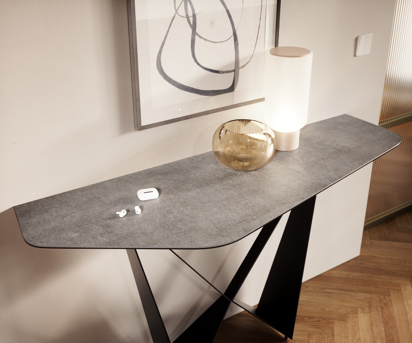 Consoletafel Edge Polygonaal 140x50 cm Keramiek Betongrijs Livos Metaal Zwart 5
