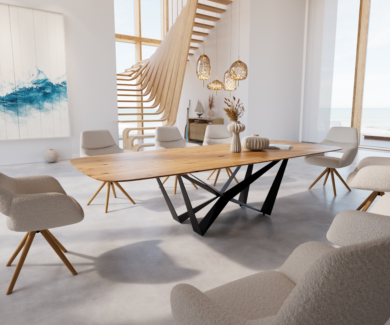 Eettafel Edge Boot 300x120x2,5-3 eiken natuur Spider staal  zwart  Schweizer Kante 1