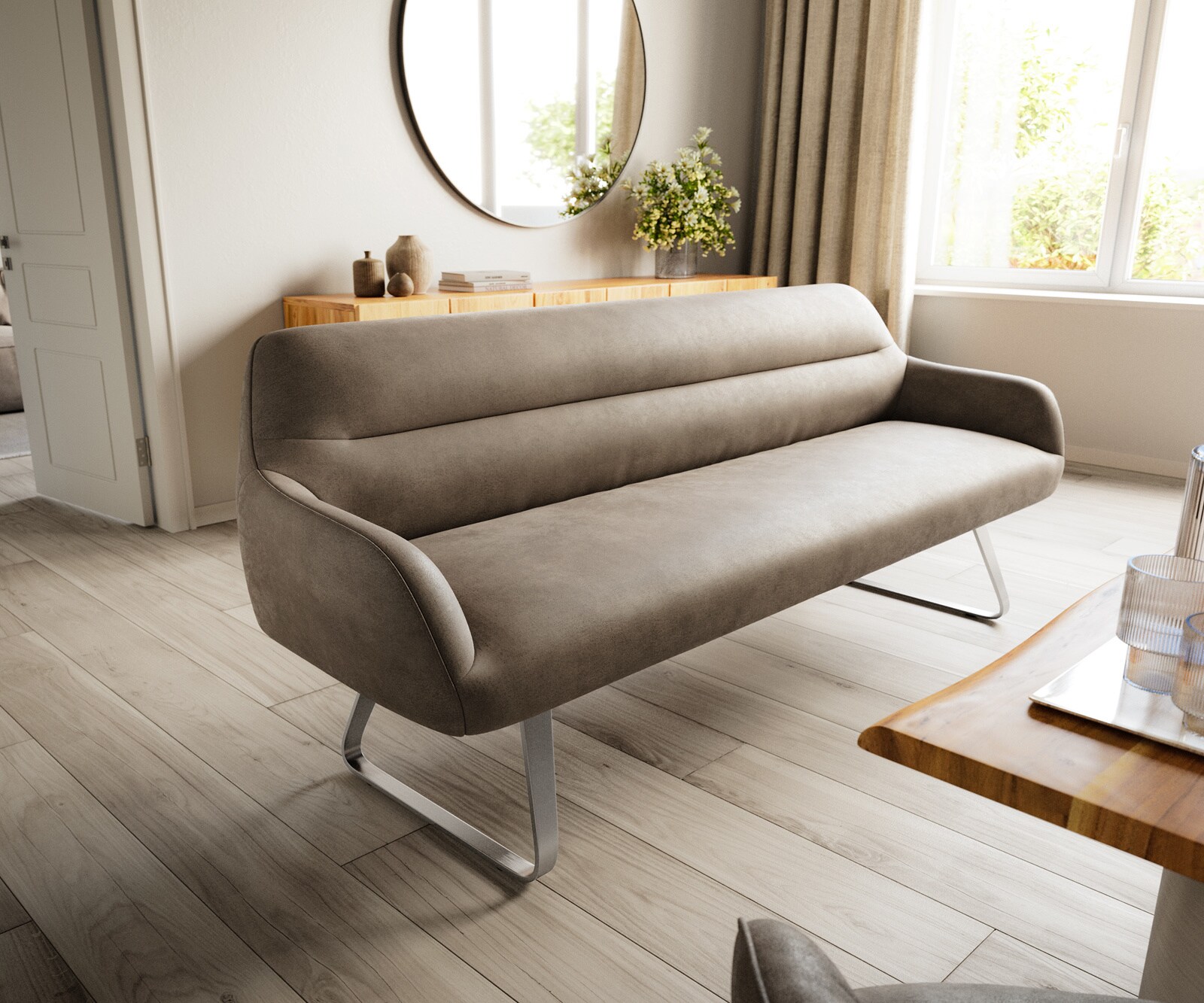 Eetkamerbank Taya-Flex 200 cm microvelours taupe vintage platte sledebasis roestvrij staal pocketvering