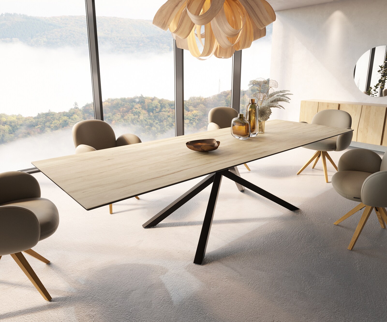 Eetkamertafel Edge 300x100 keramiek Laminam® Sabbia eiken kleur kruisframe rechthoek zwart