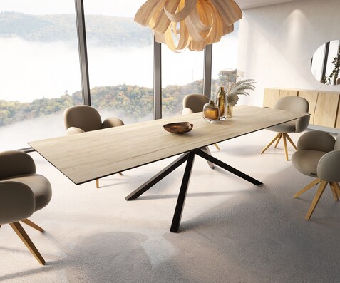 Eetkamertafel Edge 300x100 keramiek Laminam® Sabbia eiken kleur kruisframe rechthoek zwart