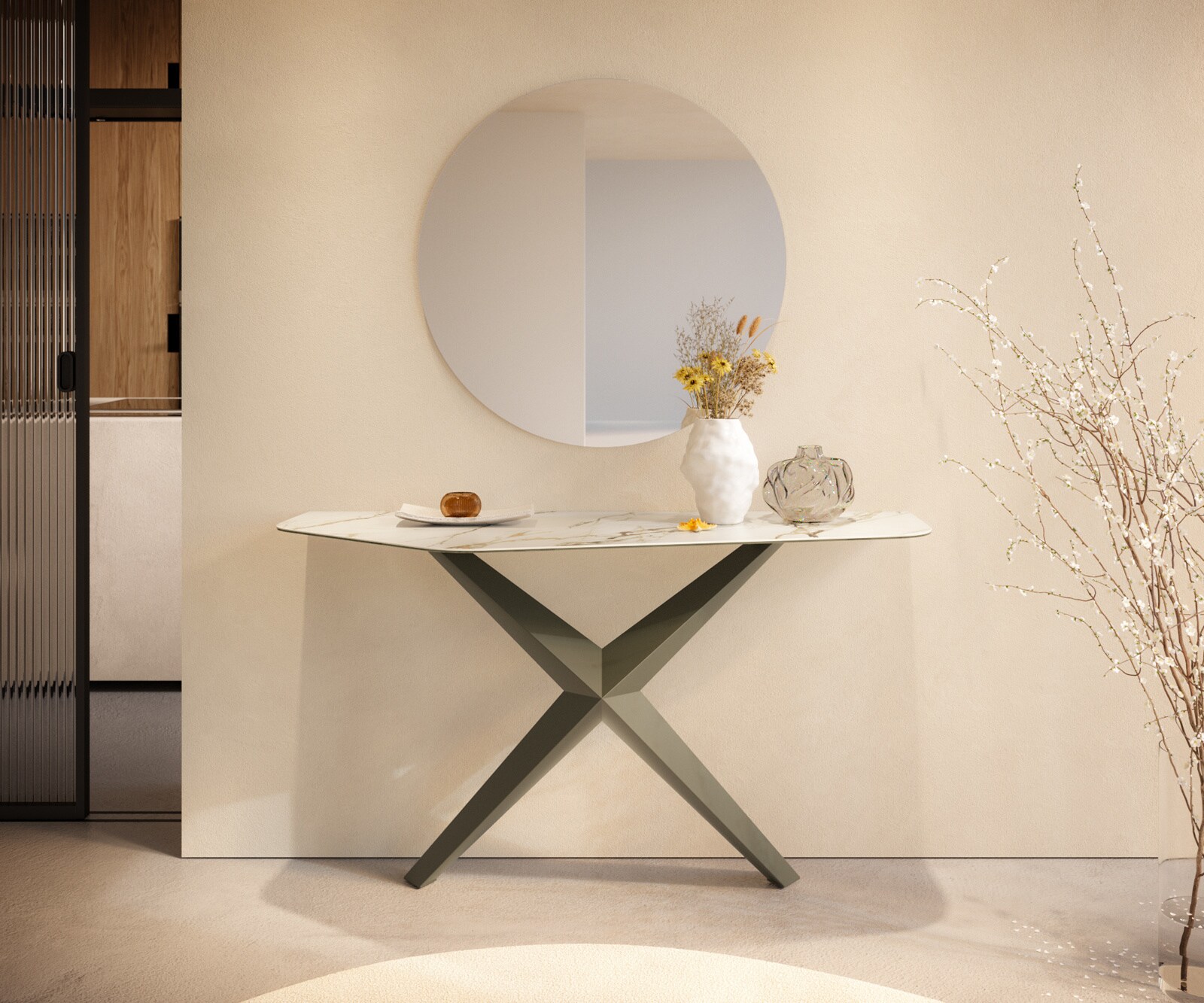 Consoletafel Edge Polygonaal 140x50 cm Keramiek Calacatta Luxe Weiß-Gold-Grijs Zentharo Metaal Effektfinish Titan 4