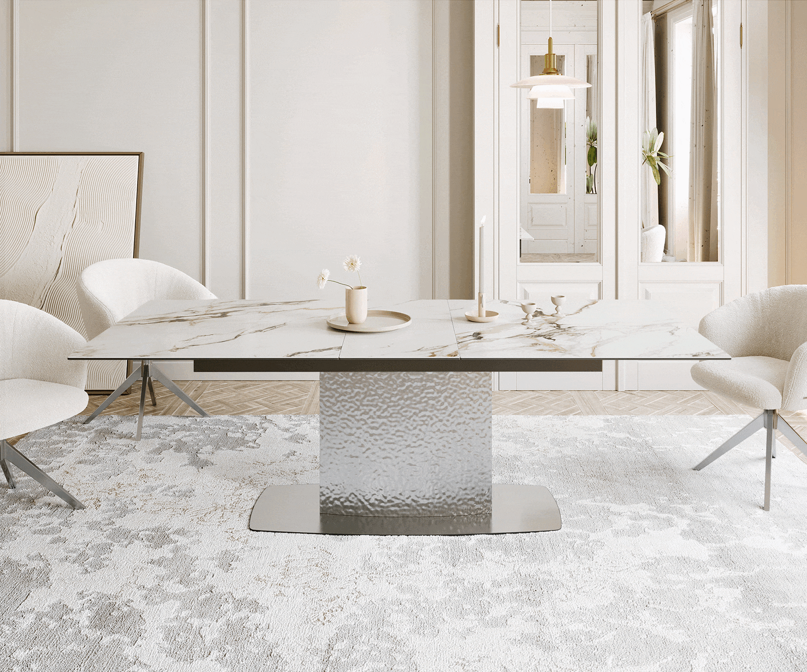 Eetkamertafel Edge 180-220x100 keramiek Calacatta Luxe wit-goud-grijs Wave RVS uitschuifbaar 1 Eetkamertafel Edge 180-220x100 keramiek Calacatta Luxe wit-goud-grijs Wave RVS uitschuifbaar 1