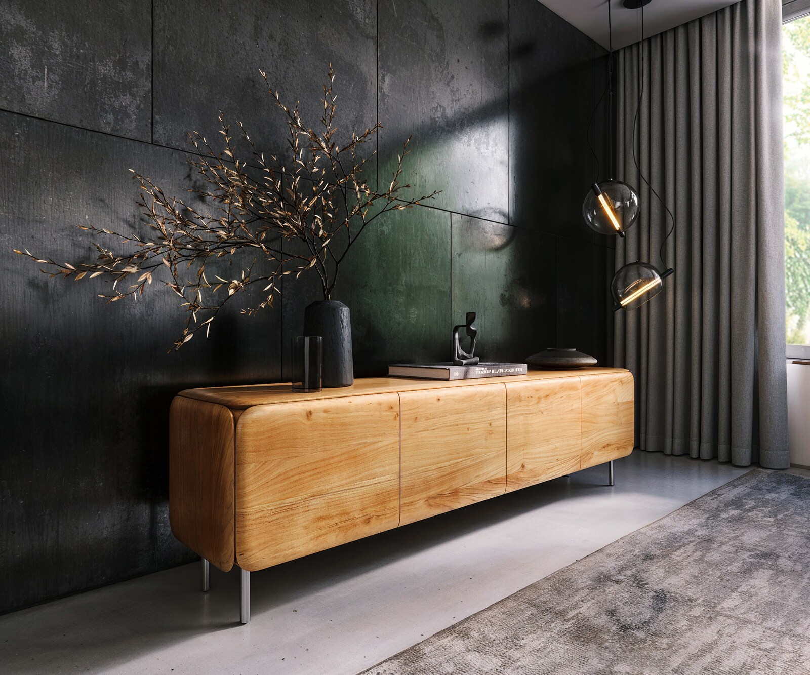 TV-meubel Shavani 200 cm acacia natuur 4 deuren ronde voet RVS zilver