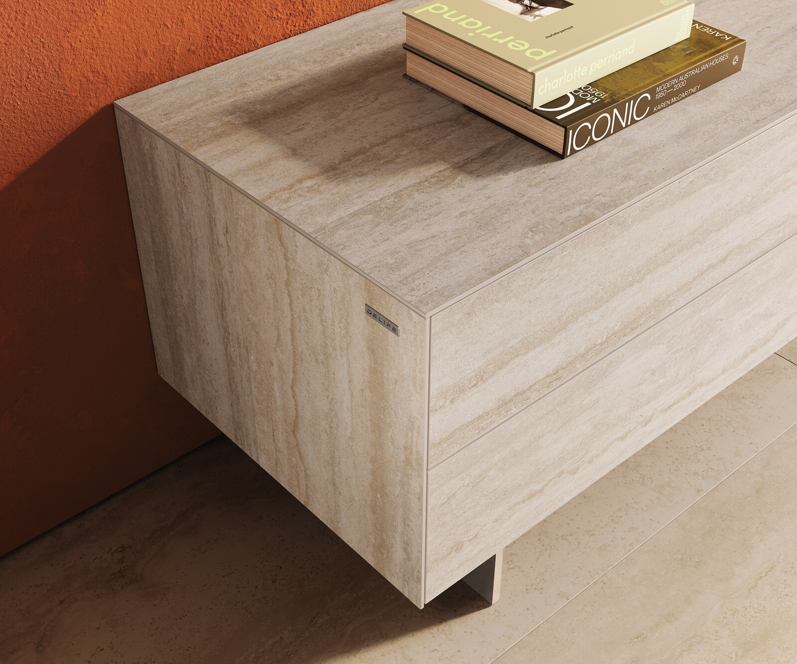 Tv-meubel Cuor 180 cm Keramiek Laminam® Travertino Bianco Crème-wit 1 Flap 2 Laden Zwevende voet look Roestvrij staal 6