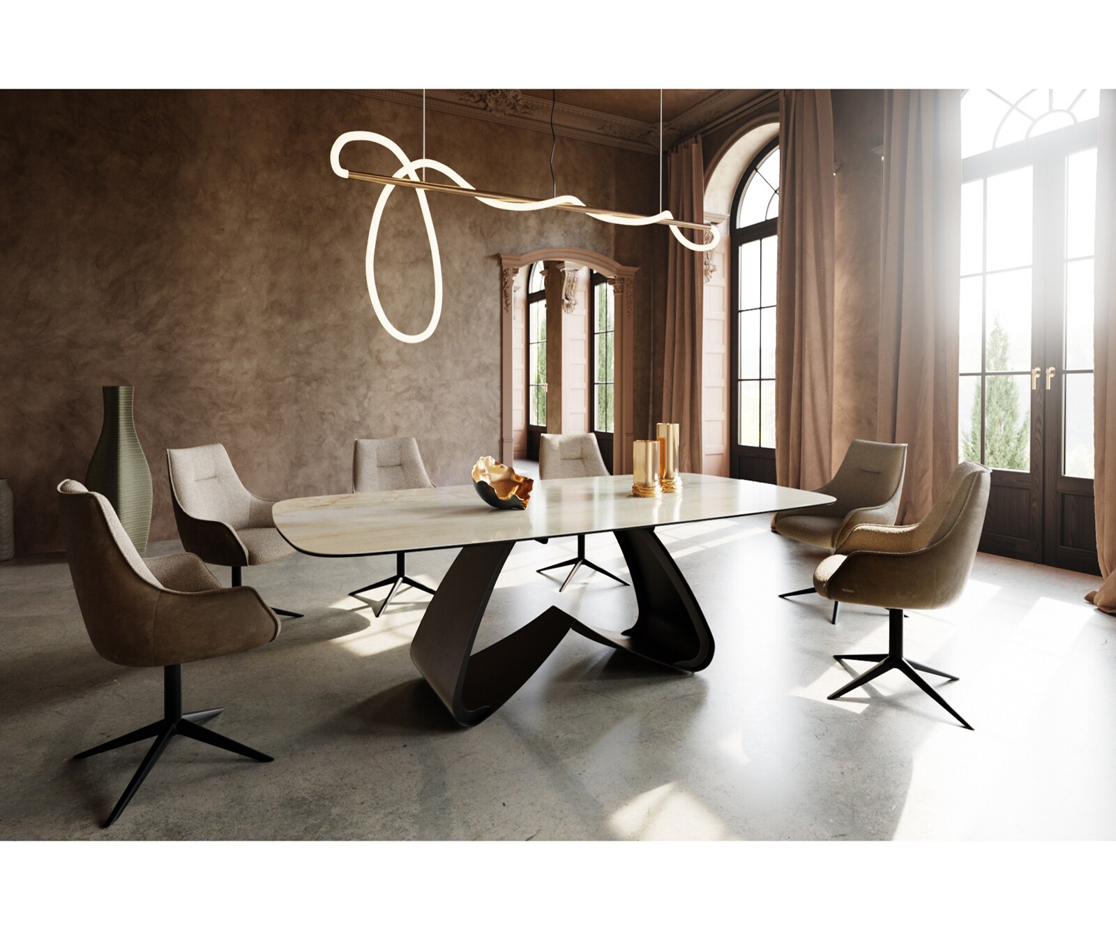 Eetkamertafel Edge Boot 240x120 cm Keramiek Iris FMG Onice Oro W-onderstel Metaal Zwart 6