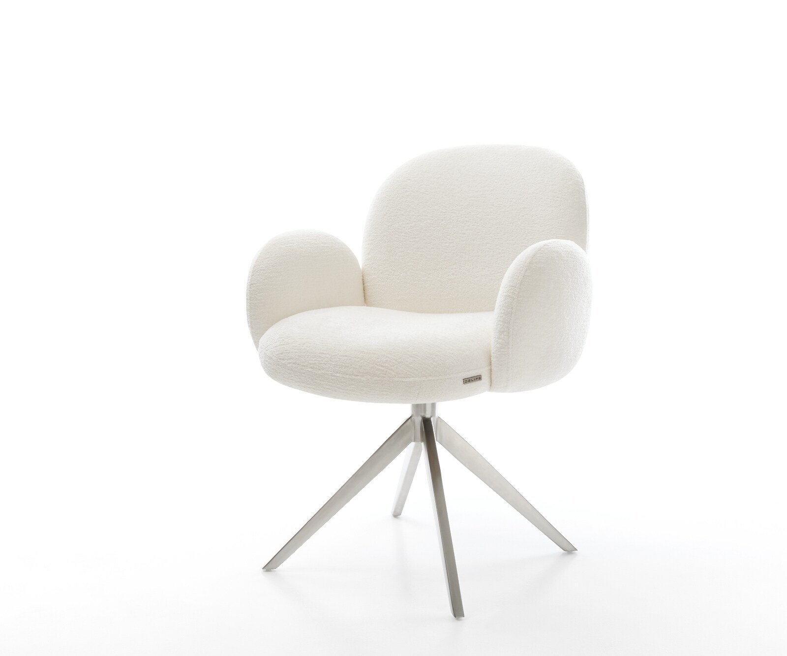 Draaistoel Nube-Flex met armleuning bouclé zacht beige kruisframe breed roestvrij staal 360° draaibaar pocketveer kern 1