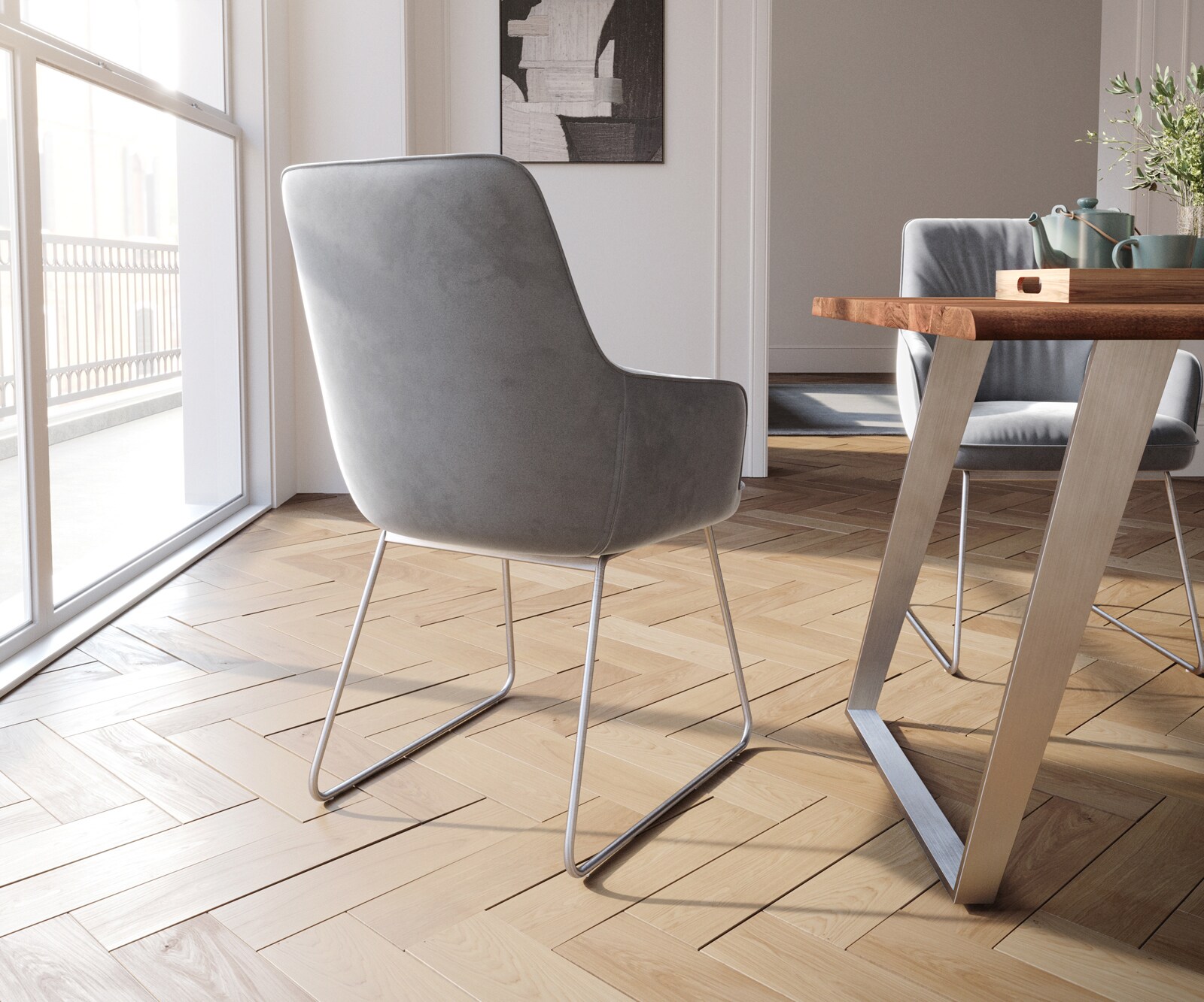 Eetkamerstoel Zelia-Flex met armleuning fluweel grijs slipframe roestvrij staal pocketveer kern 4