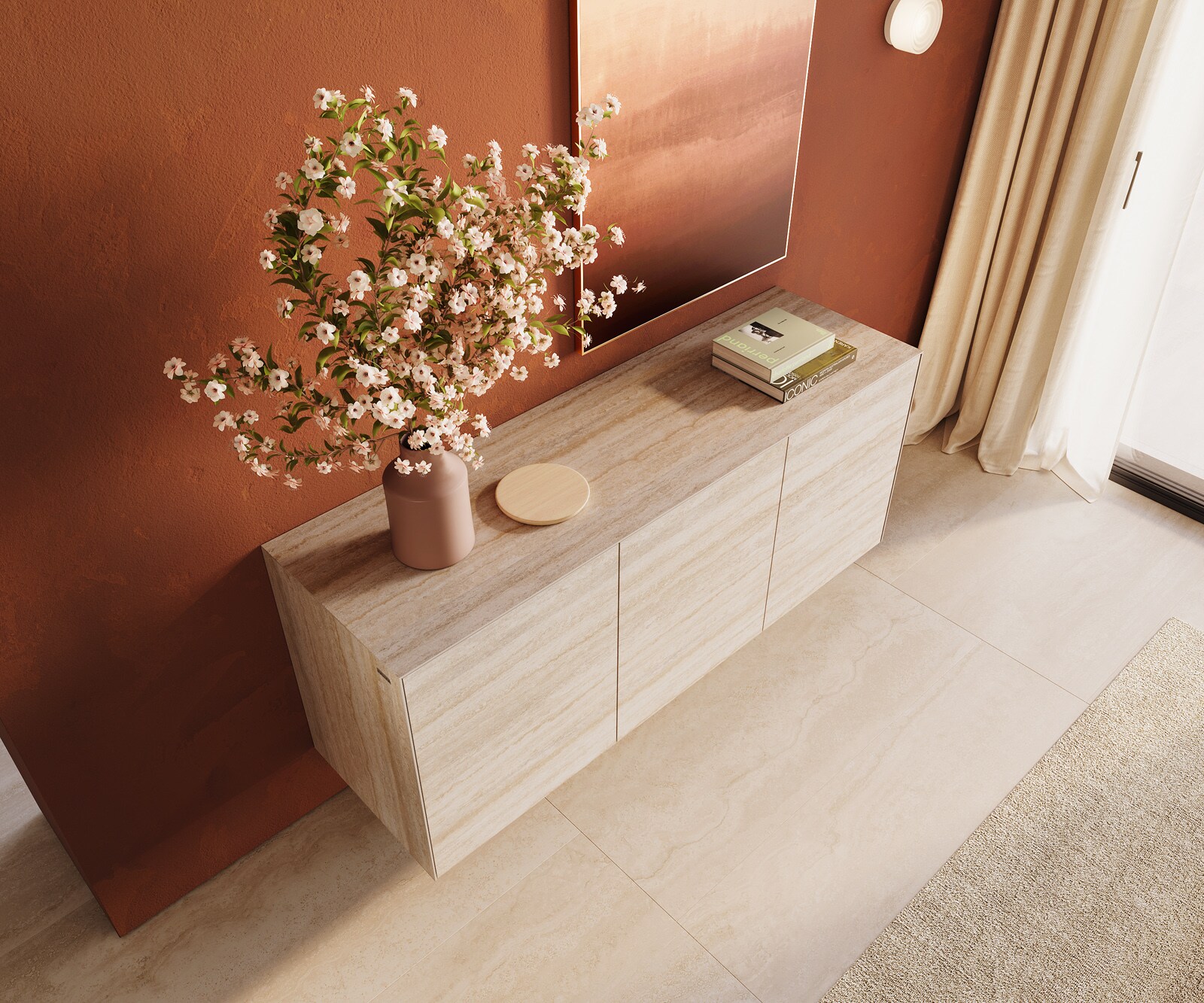 Dressoir Cuor 150 cm Keramiek Laminam® Travertino Bianco Crème-wit 3 Deuren Zwevend 4