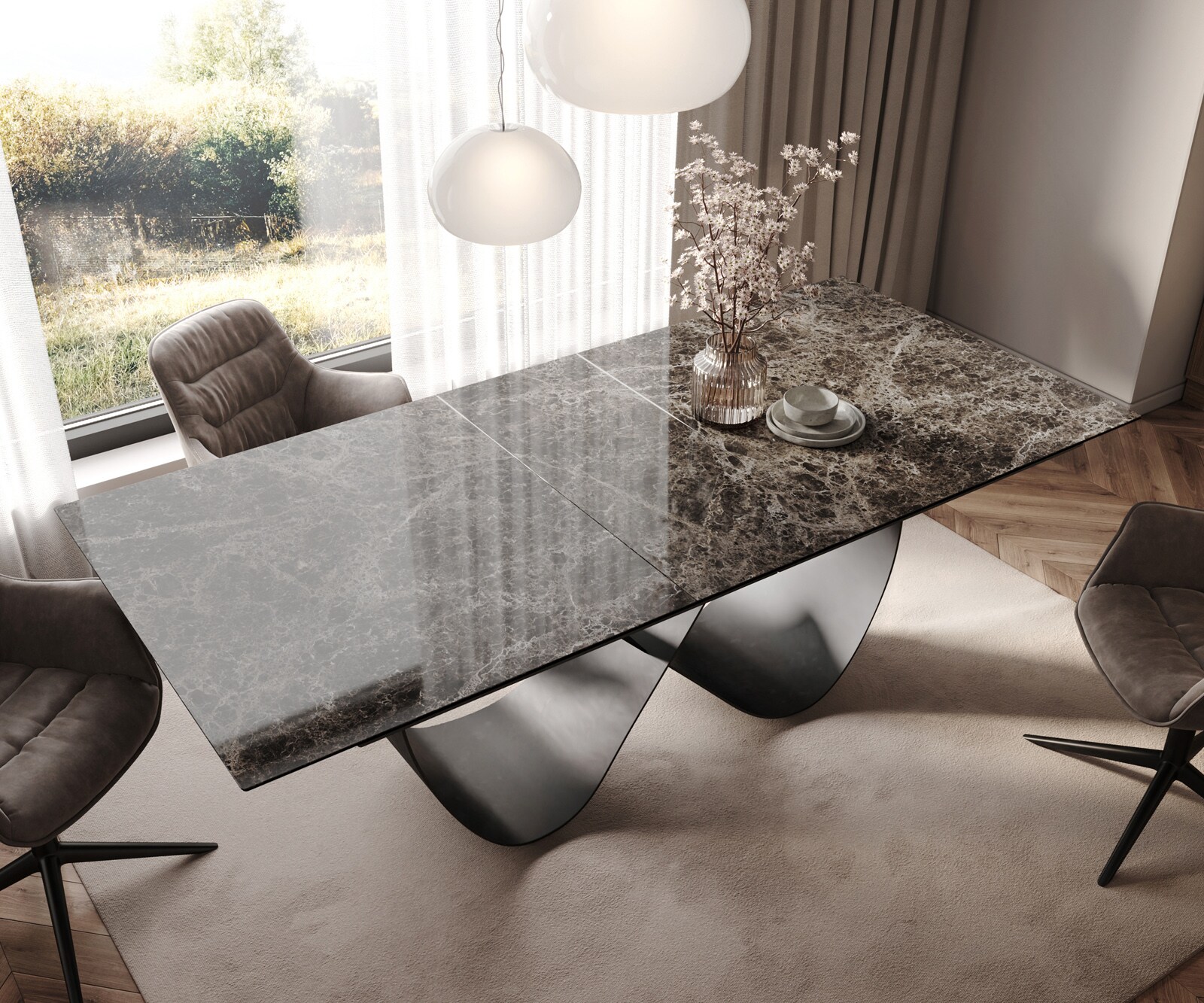 Eettafel Edge 180-220x90 keramiek  Laminam® Emperador Extra Lucidato donkerbruin Infinity metaal zwart uitrekbaar 4