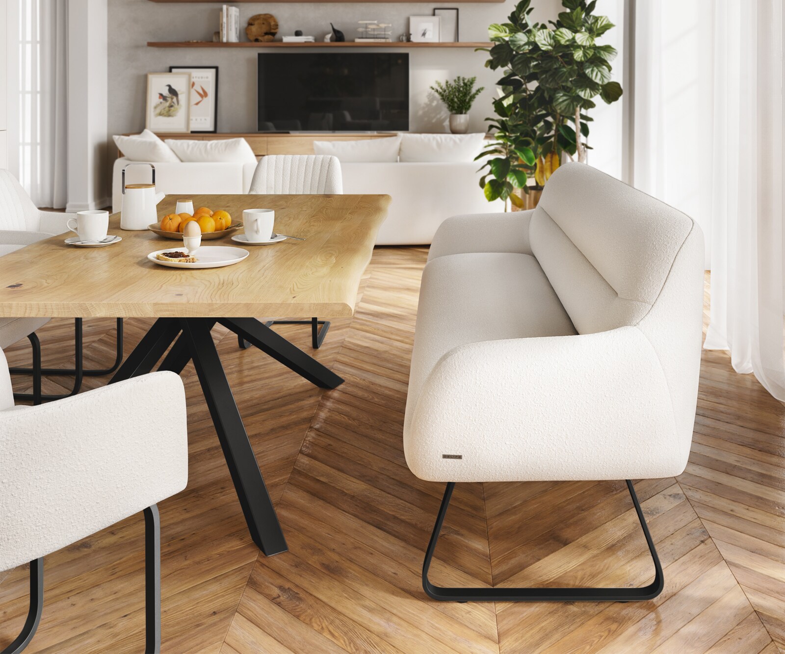 Eetkamerbank Taya-Flex 200 cm bouclé crème-wit platte sledebasis zwart pocketvering 1