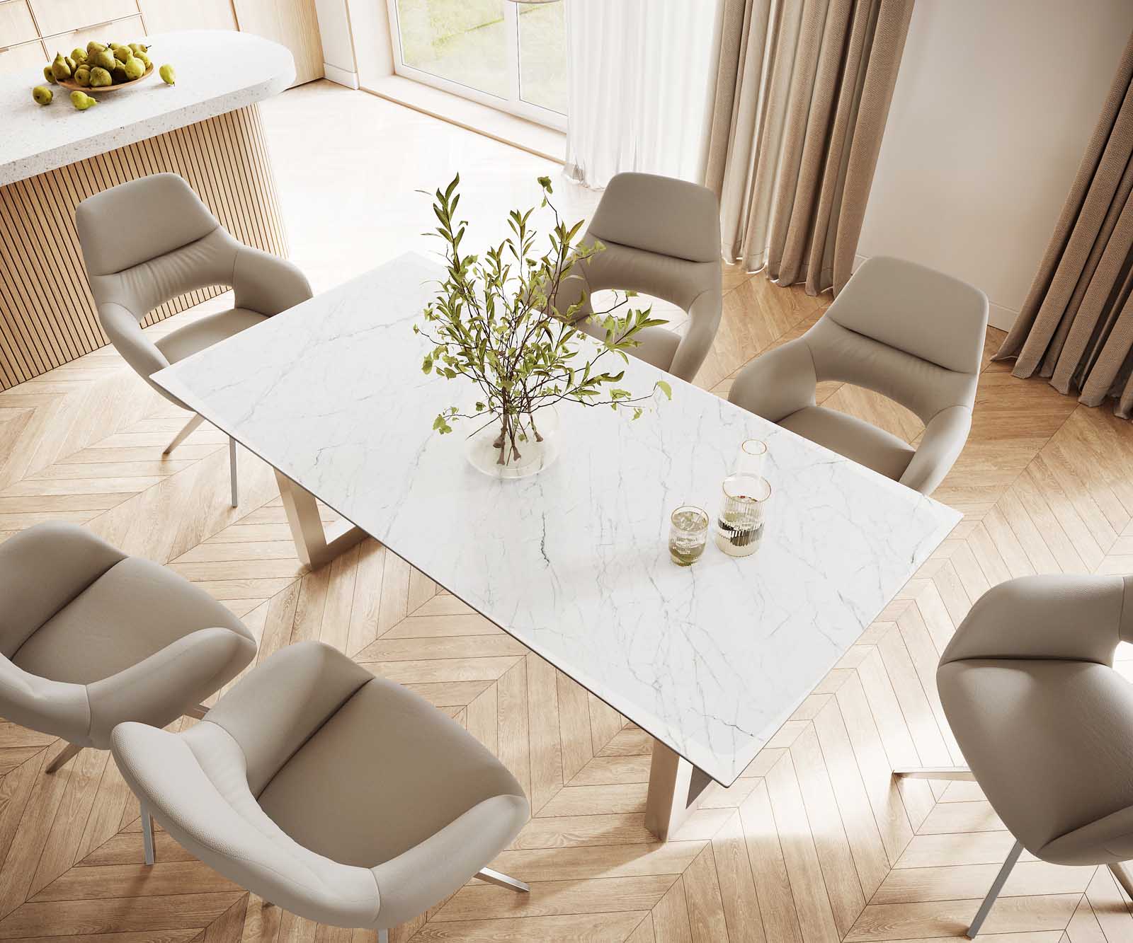 Eettafel Edge 200x100 keramiek Laminam® Statuarietto wit roestvrij staal breed 3