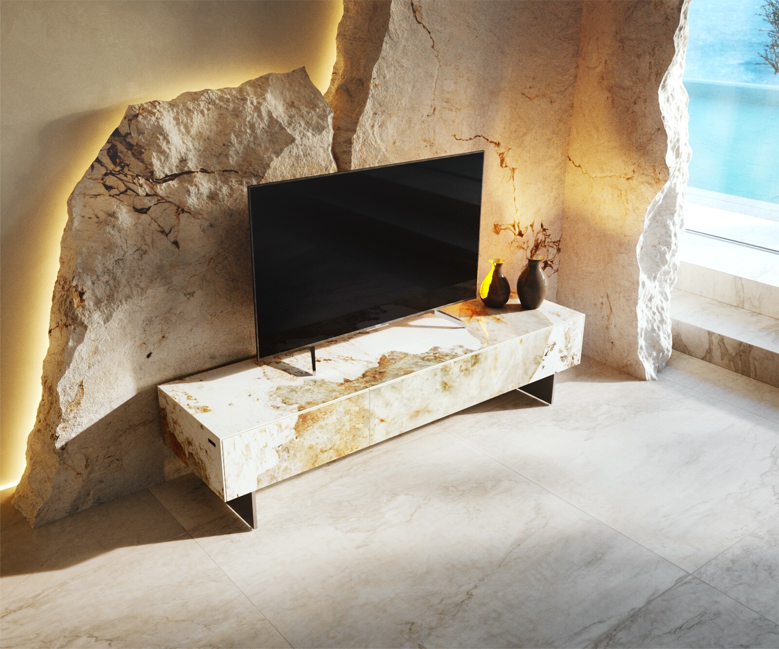 Tv-meubel Cuor 150 cm Keramiek Minas Melange Wit-beige 1 Flap 1 Lade Zwevende voet look Roestvrij staal 3
