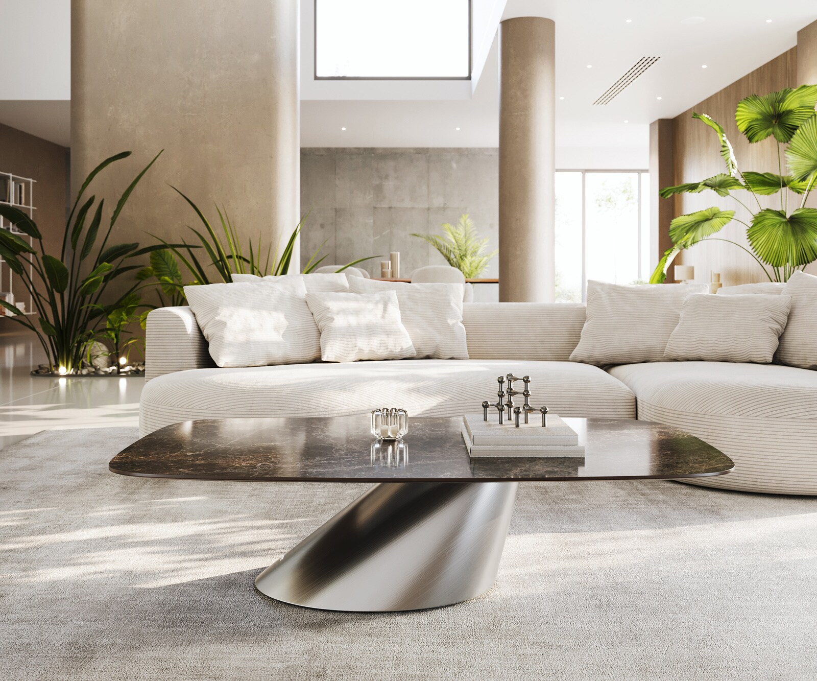 Salontafel Edge Boot 140x80 cm keramiek Laminam® Emperador Extra Lucidato donkerbruin Conis geborsteld roestvrij staal 2