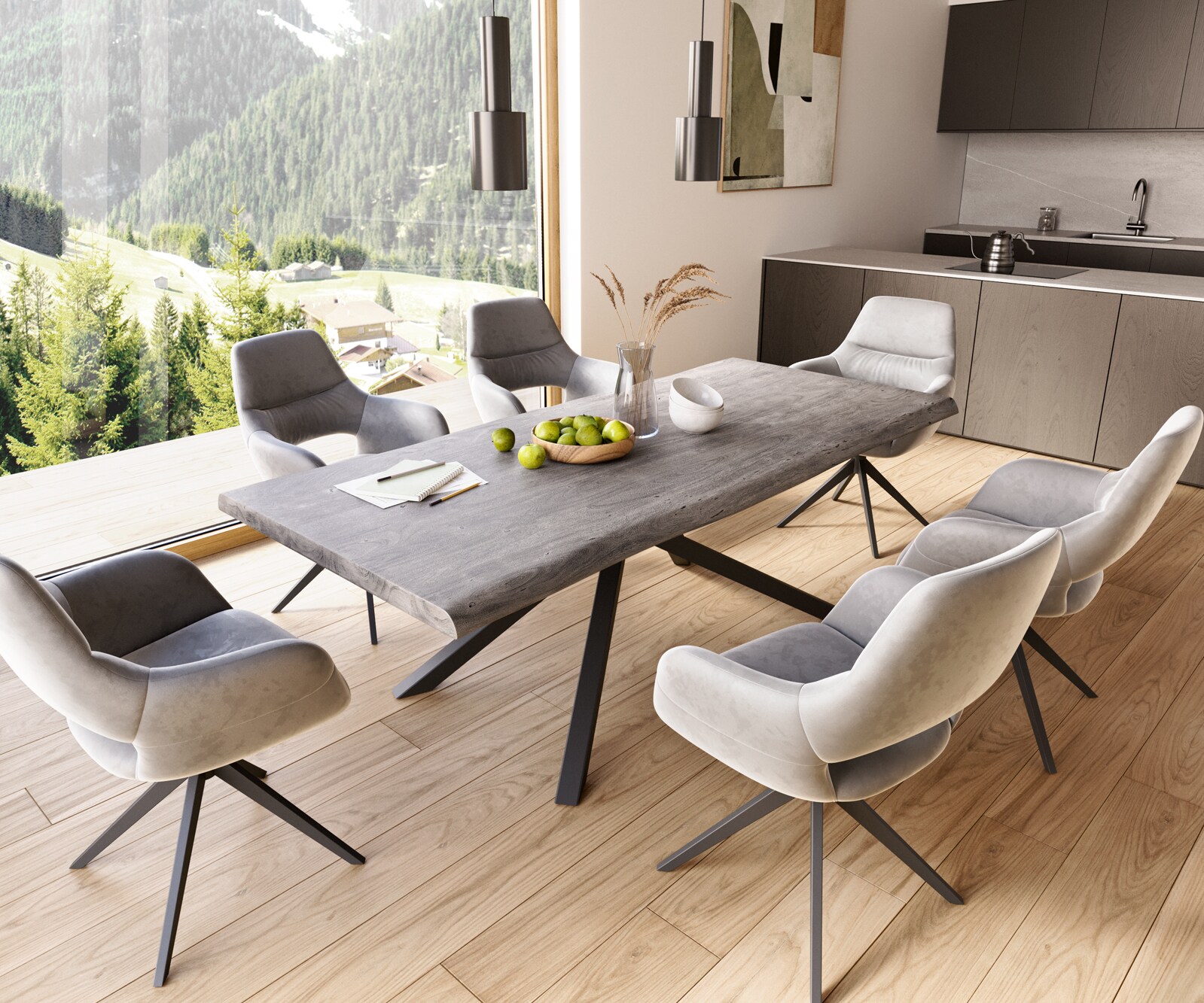 Eettafel Edge 220x100 XL acacia platina  kruisframe rechthoek zwart  Live-Edge 7