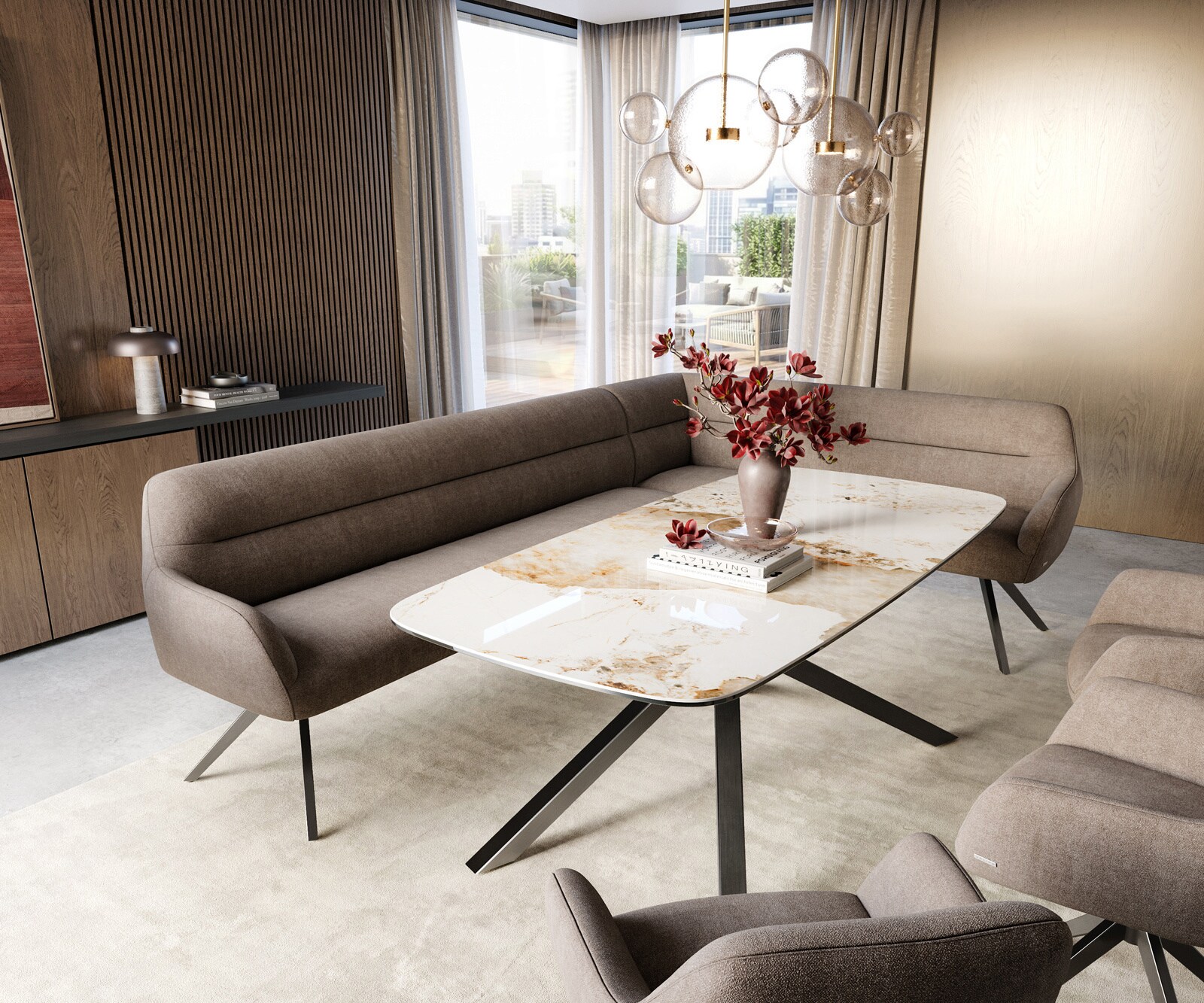 Eetkamerbank Taya-Flex 285x190 cm zachte stof met structuur taupe hoekig kruisframe grafiet pocketvering rechts 1