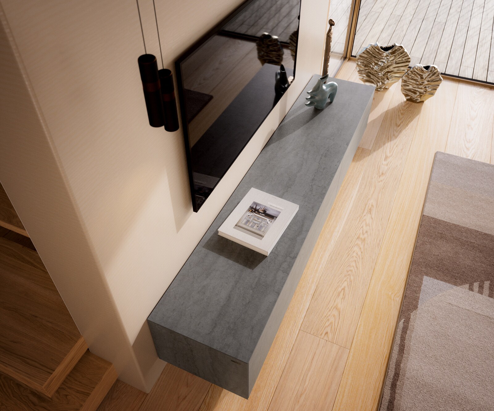 Tv-meubel Cuor 220 cm Keramiek Beton Grijs 1 Flap 2 Laden Zwevende voet look Roestvrij staal 4