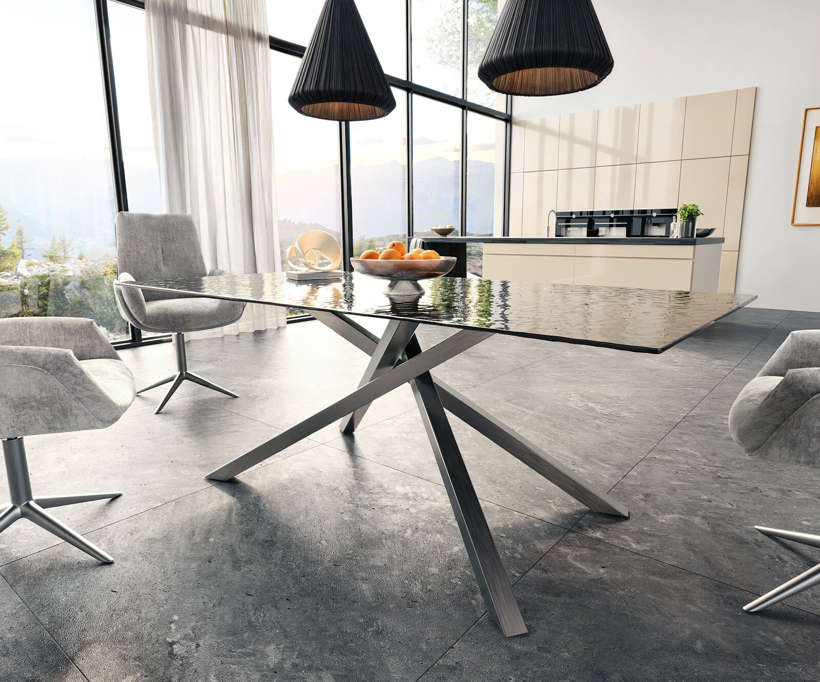 Eetkamertafel Edge 200x100 Glas smelten rokerig zwart 3D-Relief kruisframe rechthoek RVS 4