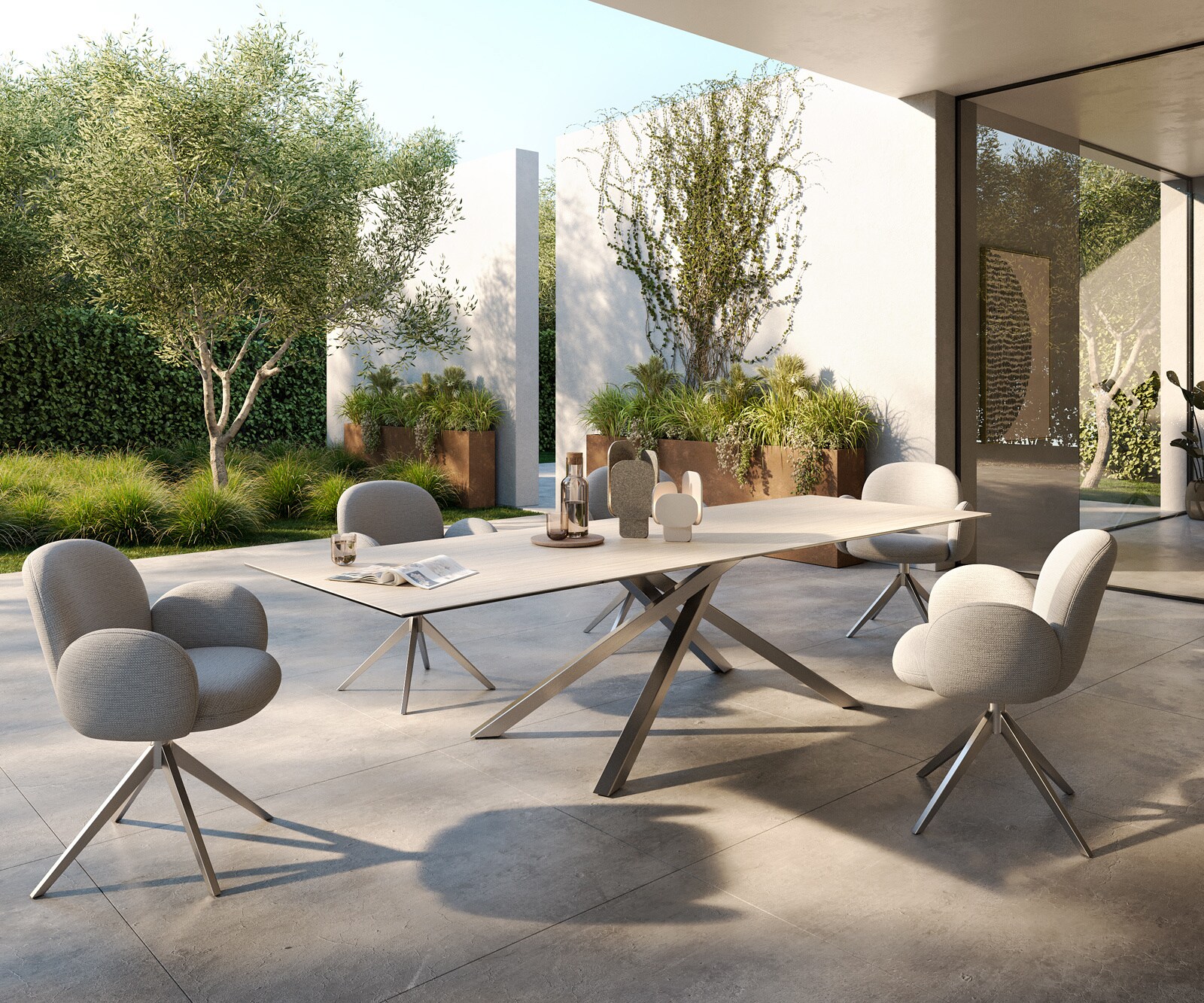 Outdoortafel Edge 300x100 cm keramiek Laminam® Travertino Bianco crème-wit kruispoot rechthoekig roestvrij staal 6
