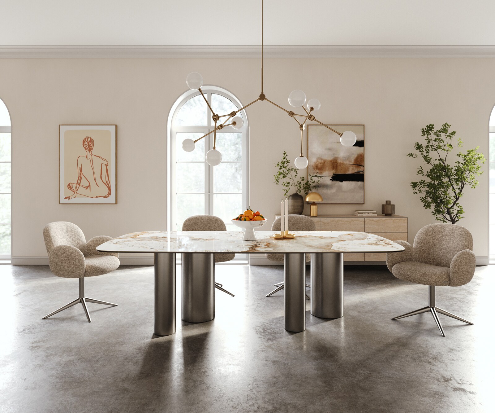 Eettafel Edge Boot 240x120 cm Keramiek Minas Melange Wit-Beige Pilier Roestvrij staal Grafiet 1