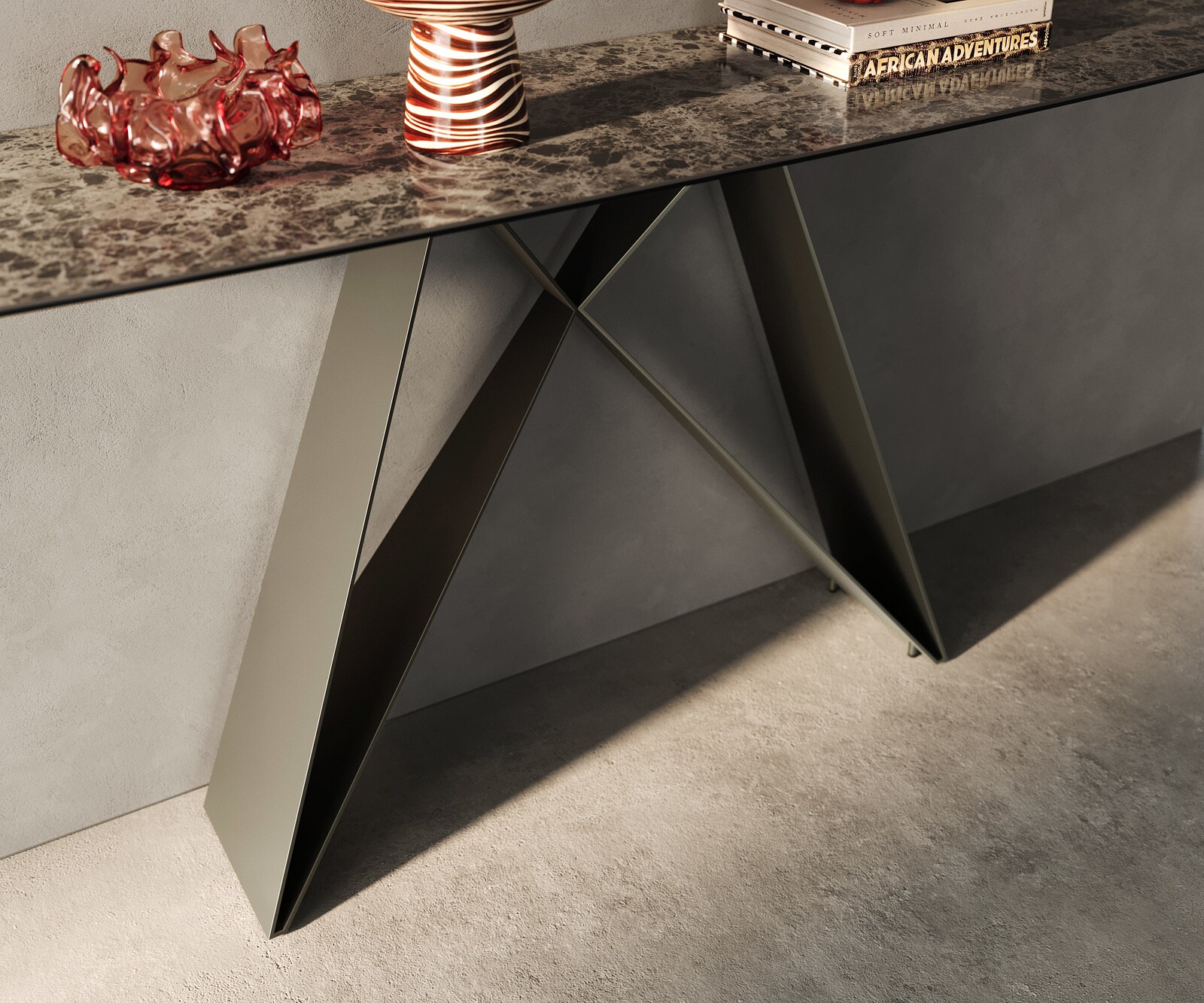 Consoletafel Edge Bootvorm 180x40 cm Keramiek Emperador Extra Lucidato Dunkelbraun Velio Metaal Effektfinish Titan 6