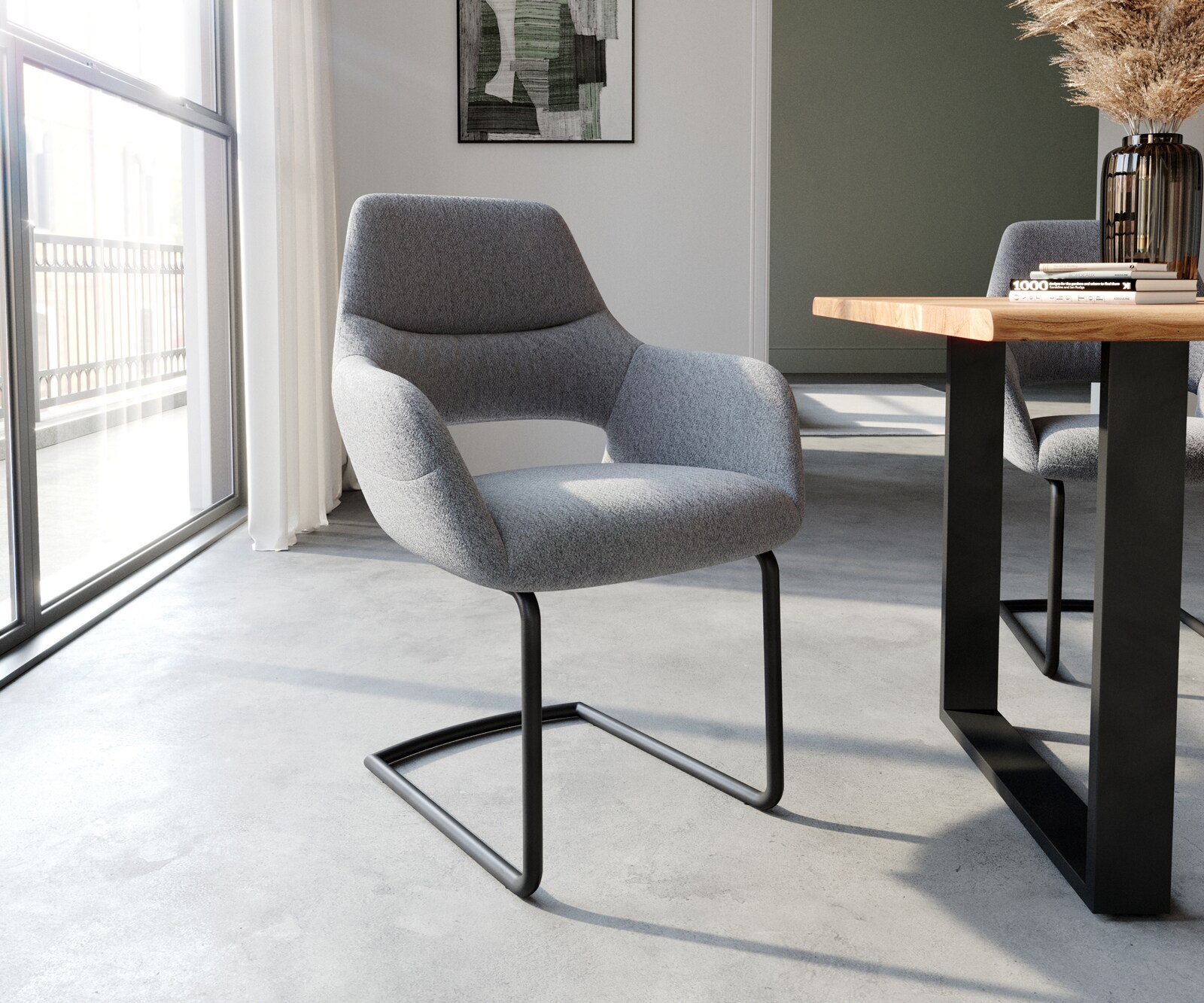 Sledemodel Yago-Flex met armleuning structuurstof lichtgrijs sledemodel rond zwart pocketveer kern