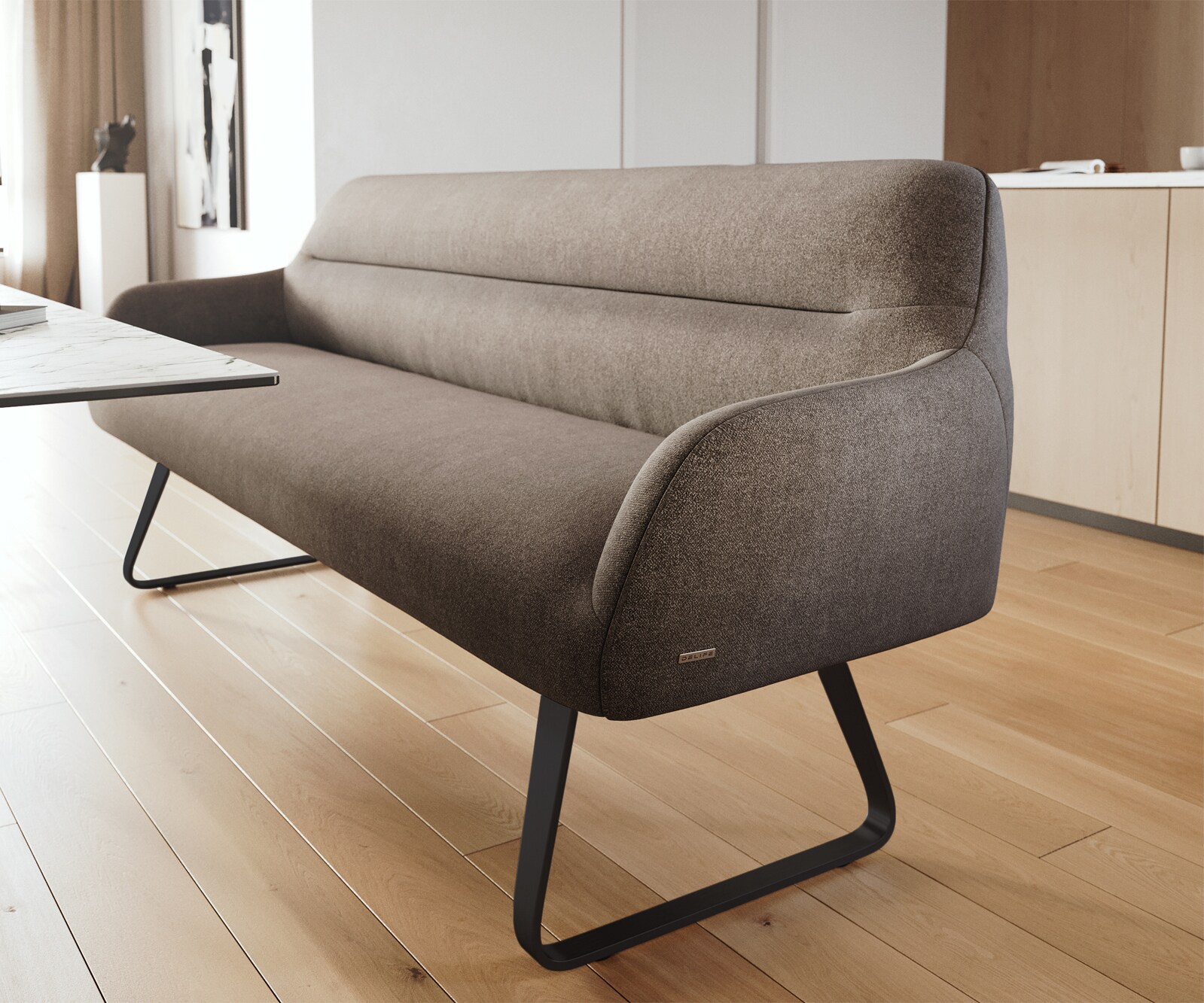 Eetkamerbank Taya-Flex 200 cm zachte stof met structuur taupe platte sledebasis zwart pocketvering 5