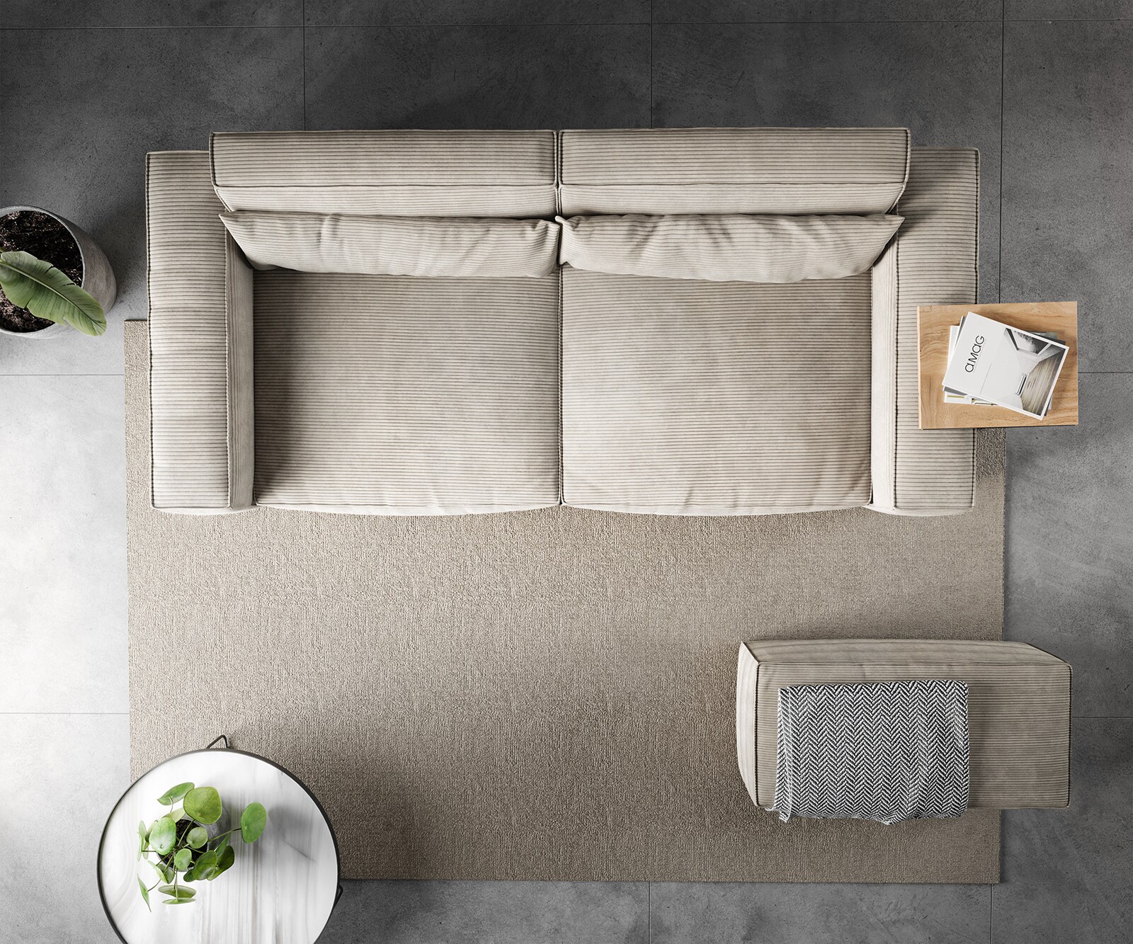 Grote bank Sirpio 230x95 cm koorduroy beige met kruk 5