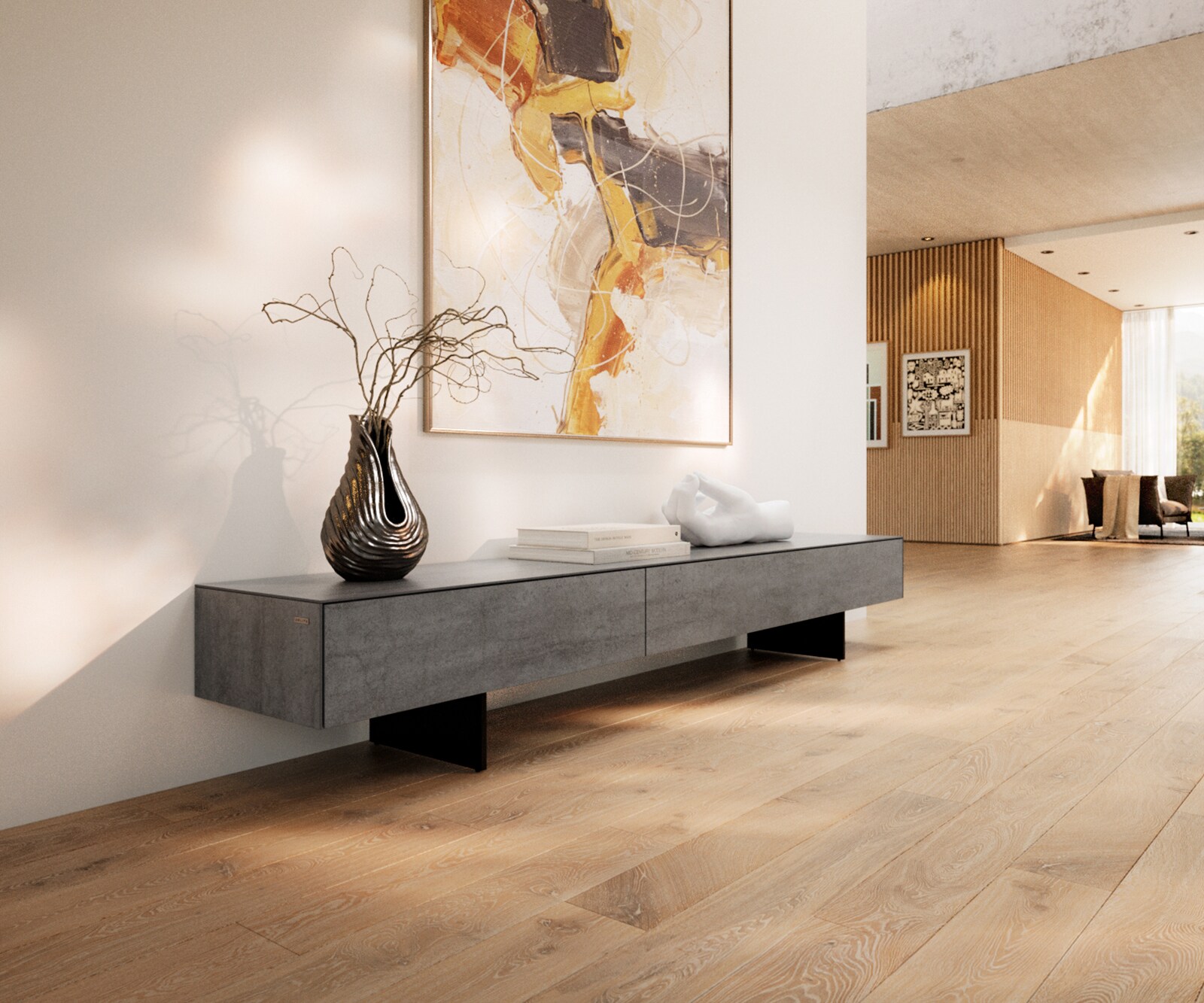 Tv-meubel Cuor 200 cm Keramiek Beton Grijs 1 Flap 1 Laden Zwevende voet look Metaal Zwart