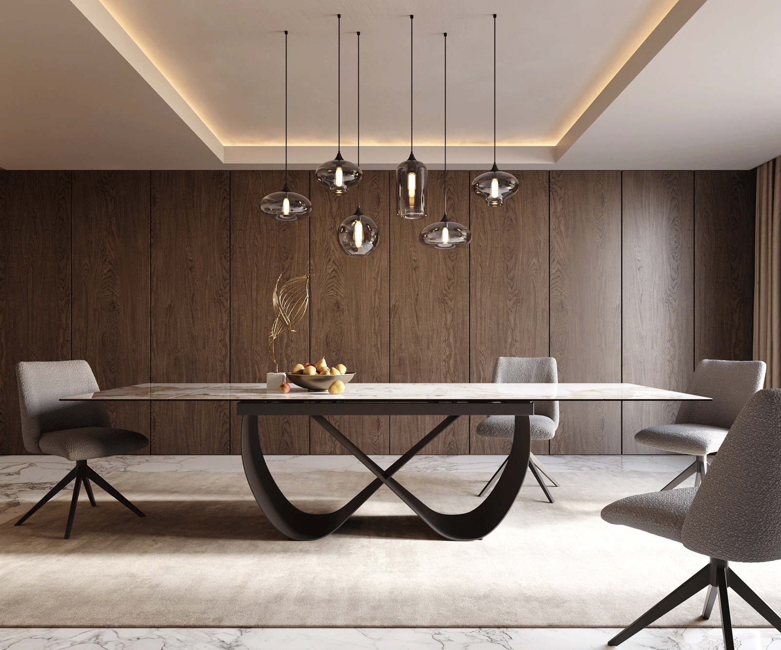 Eetkamertafel Edge 200-300x100 cm Keramiek Minas Melange Wit-Beige Infinity Metaal Zwart uitschuifbaar 1