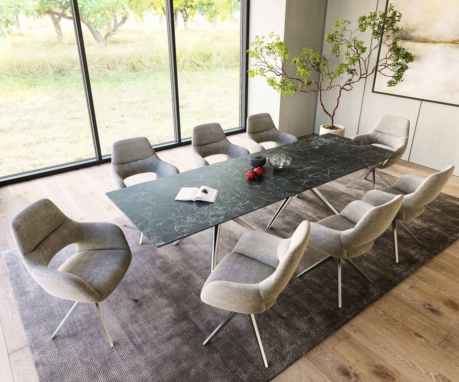 Eetkamertafel Edge 300x100 keramiek Laminam®Nero Greco Anthrazit Estelar rond  roestvrij staal 5