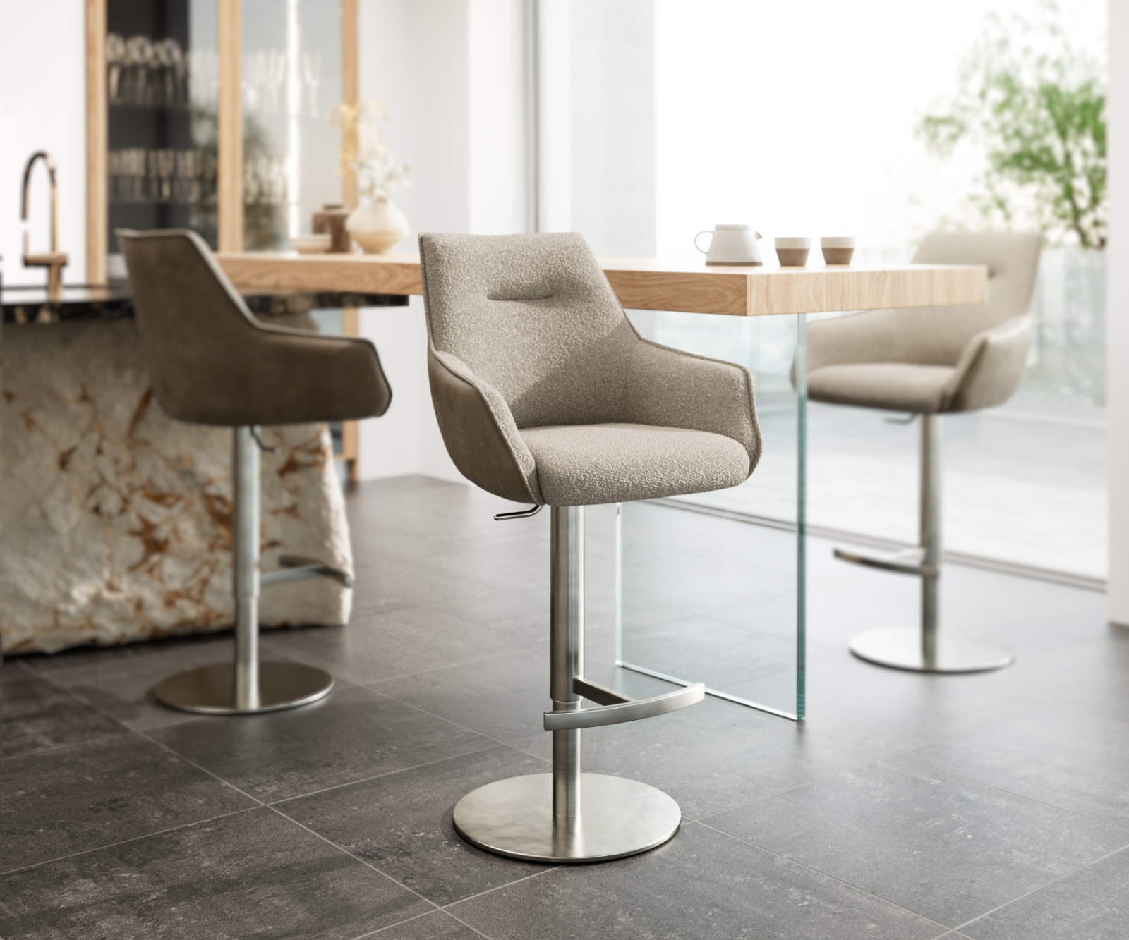 Barstoel Alja-Flex materiaalmix microvezel modder / bouclé modder draaivoet in hoogte verstelbaar RVS draaibaar pocketvering Barstoel Alja-Flex materiaalmix microvezel modder / bouclé modder draaivoet in hoogte verstelbaar RVS draaibaar pocketvering